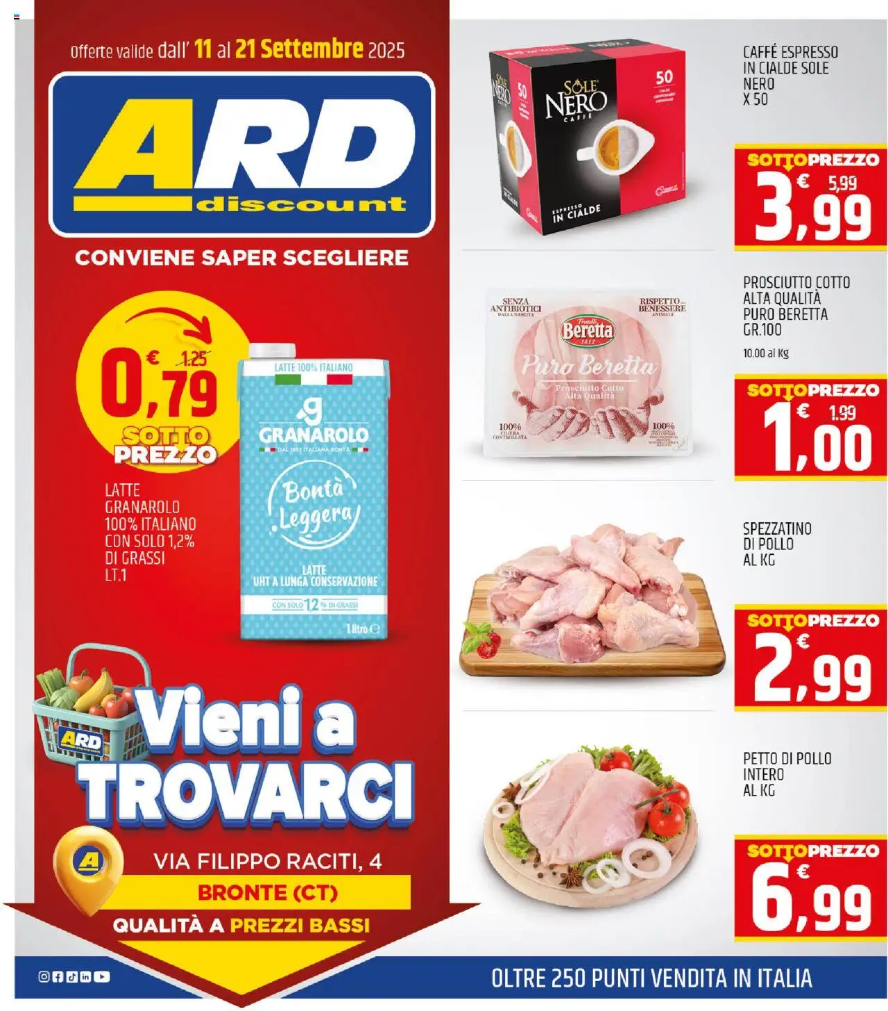 Volantino ARD Discount del 11.09.2025 | Pagina: 1 | Prodotti: Petto di Pollo, Prosciutto Cotto, Caffè, Latte