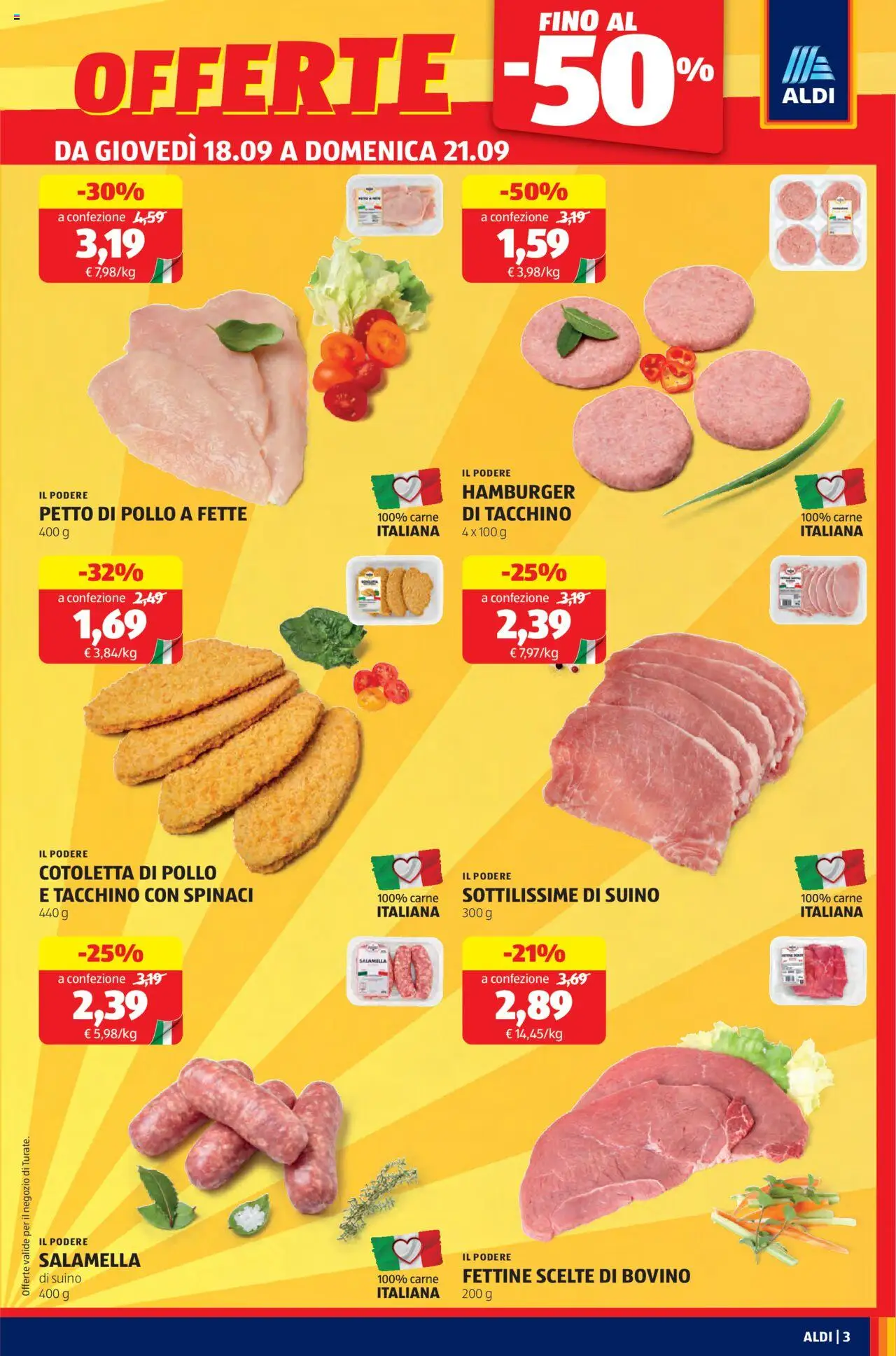 Volantino Aldi del 18.09.2025 | Pagina: 3 | Prodotti: Bovino, Petto di Pollo, Tacchino, Hamburger