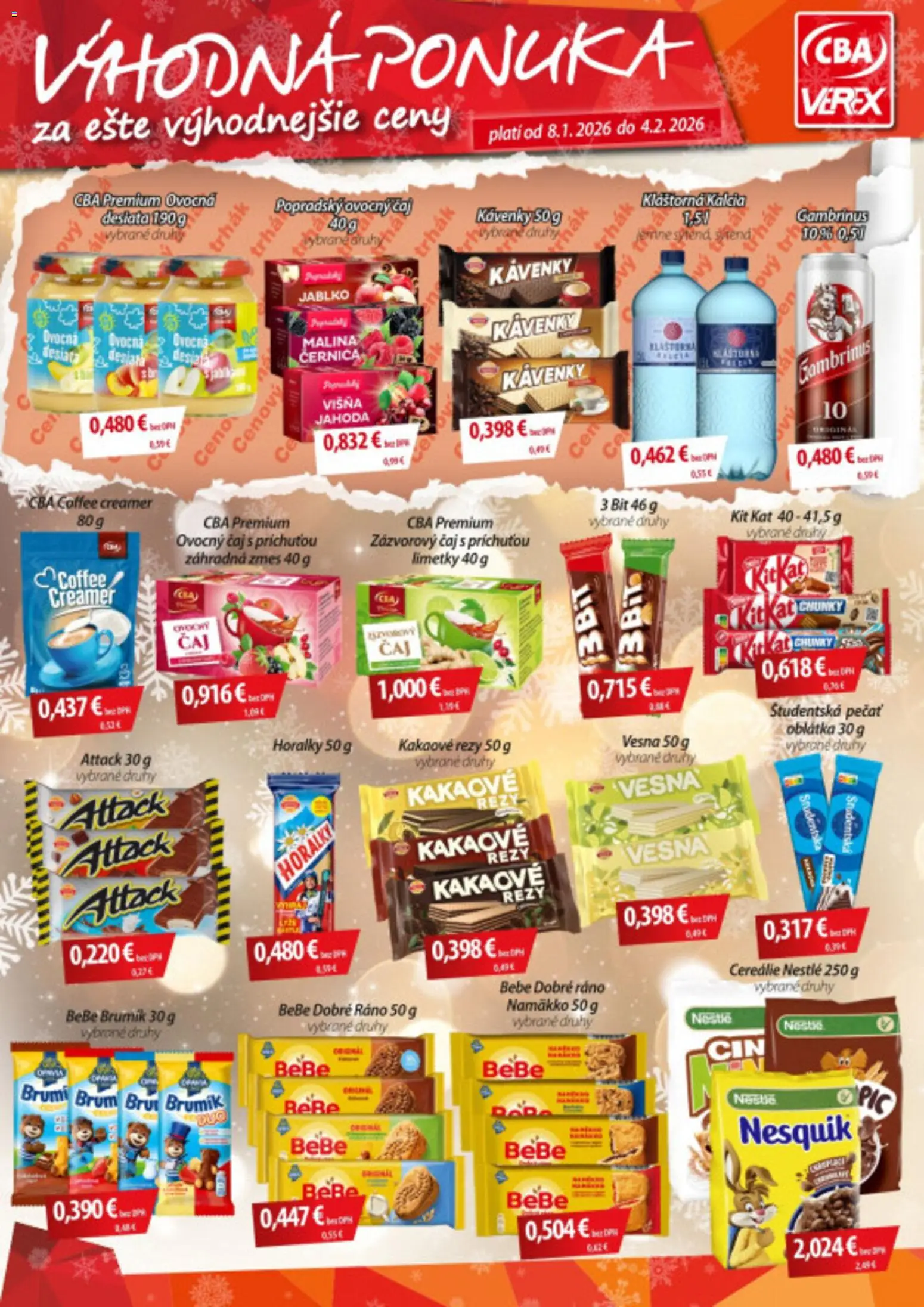 Nové CBA Verex akcie – leták je platný od 08.01.2026 | Strana: 1 | Produkty: BeBe Dobré ráno, Gambrinus, Nesquik, Horálky