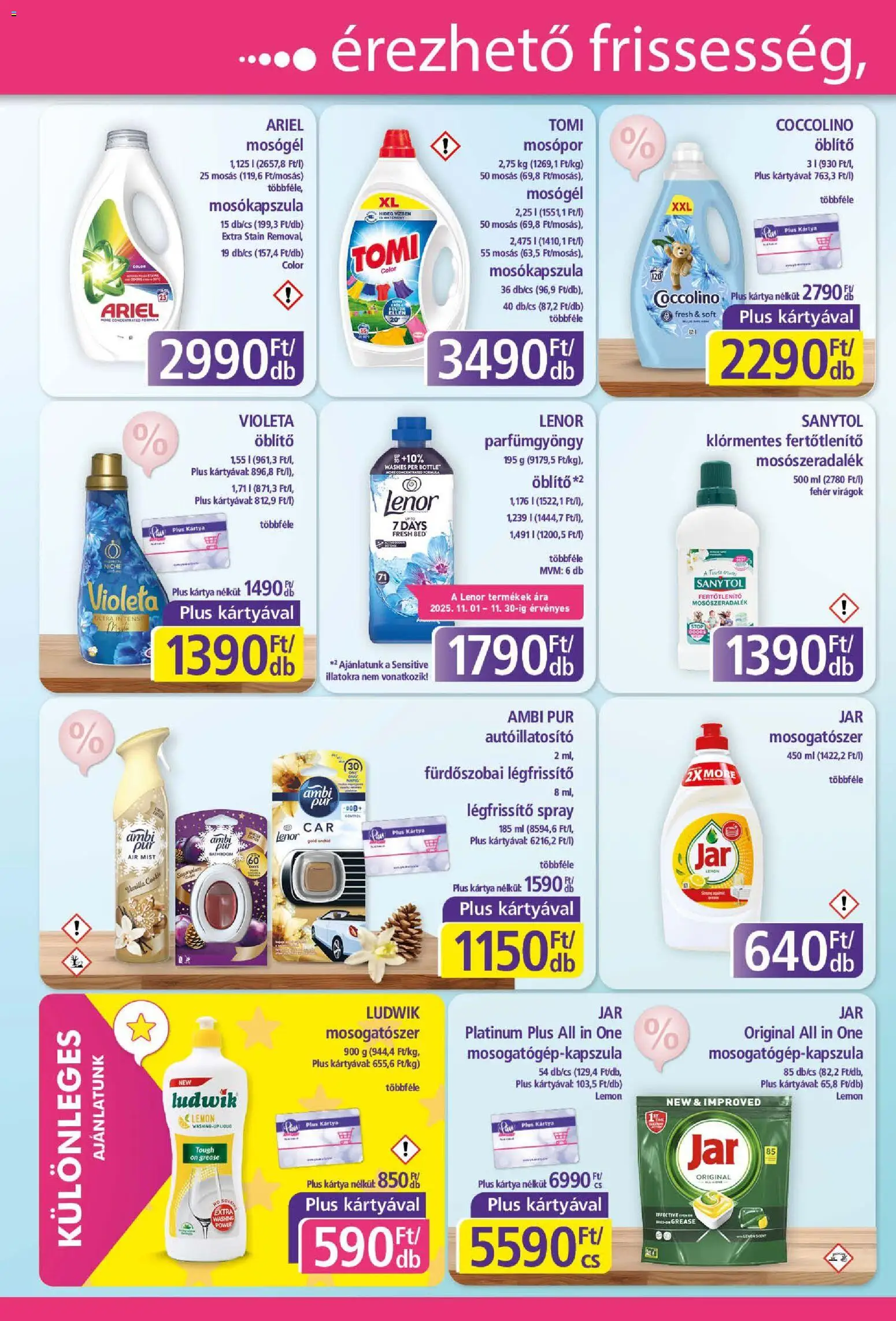 Plus Market akciós ujság - amely érvényes a következő dátumtól: 20.11.2025 | Oldal: 2 | Termékek: Mosógél, Mosókapszula, Öblítő, Mosópor