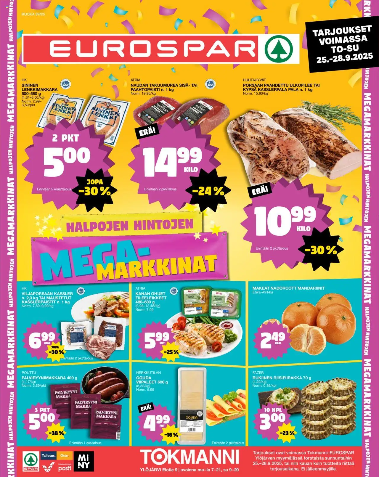 Tokmanni - EUROSPAR Ylöjärvi Ruokasanomat – voimassa 25.09.2025 alkaen | Sivu: 1 | Tuotteet: Makkara, Mandariinit