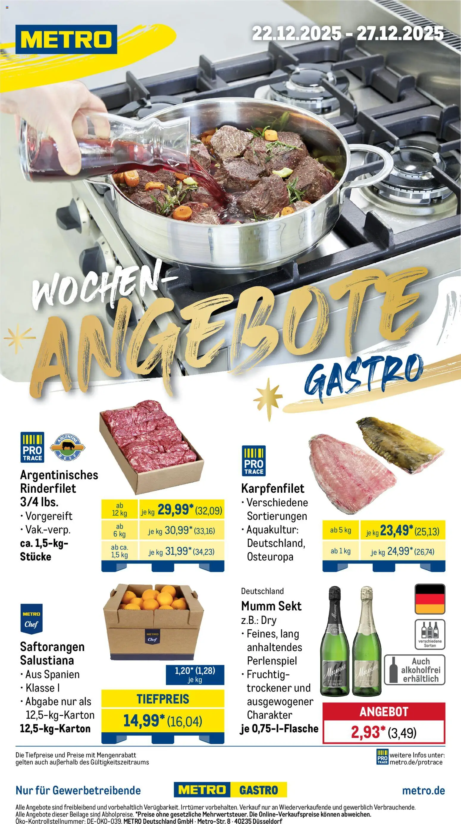 Metro - Wochen-Angebote Gastro – gültig ab 22.12.2025 | Seite: 1 | Produkte: Mumm sekt, Rinderfilet, Sekt