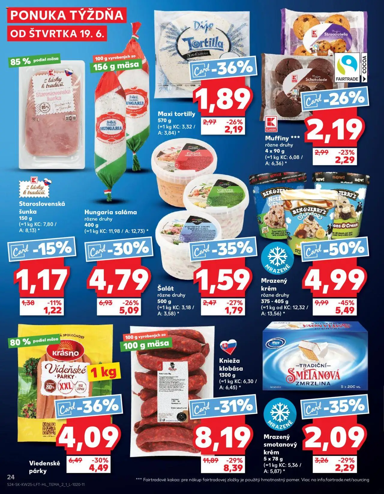 Nové Kaufland akcie – leták je platný od 19.06.2025 | Strana: 24 | Produkty: Klobása, Zmrzlina, Párky, Kakao