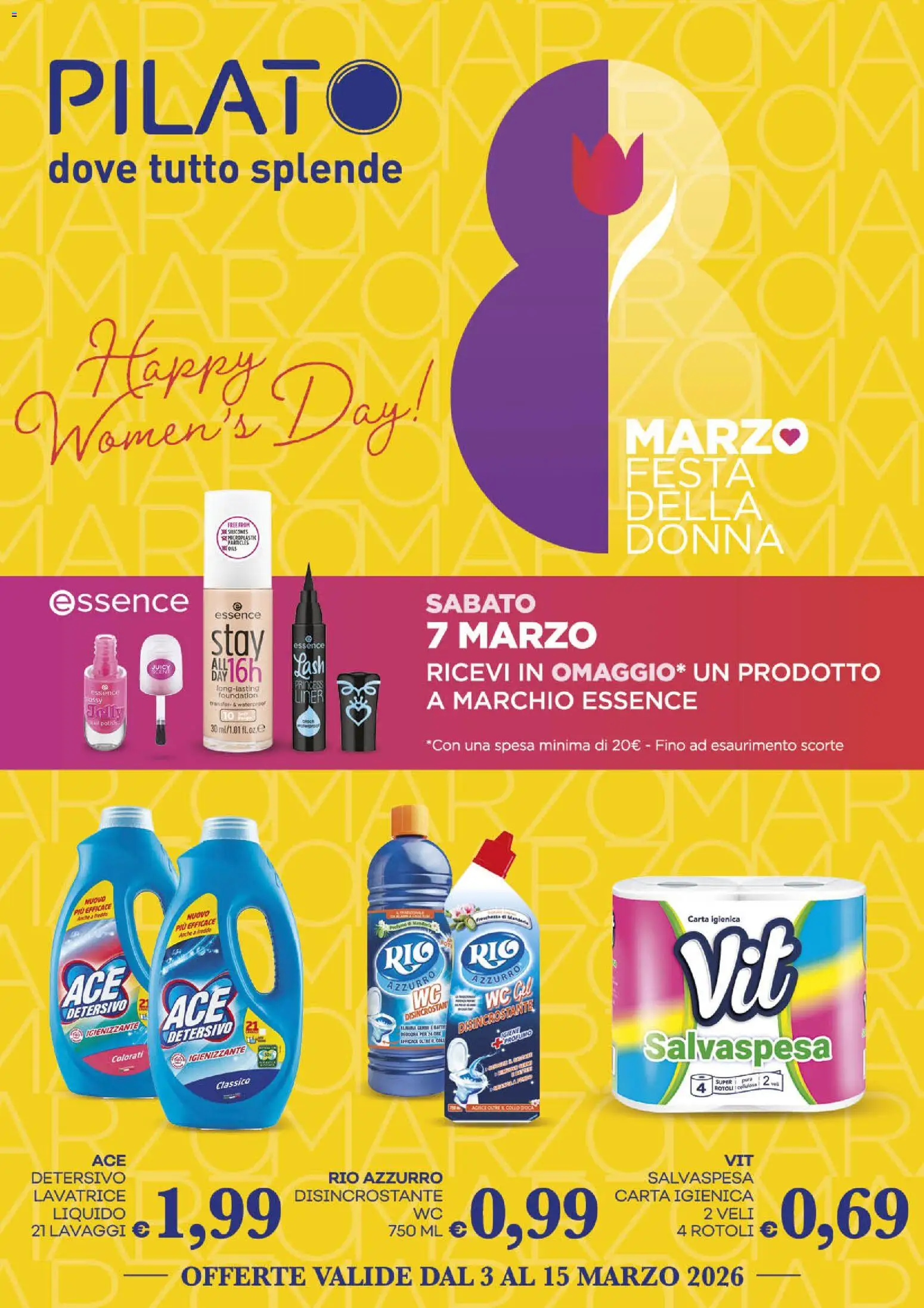Volantino Pilato del 03.03.2026 | Pagina: 1 | Prodotti: Carta igienica, Latte, Lavatrice, WC