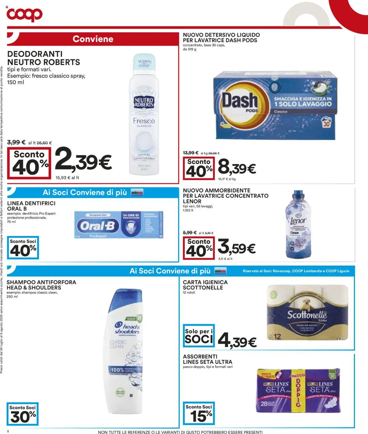 Volantino COOP del 24.07.2025 | Pagina: 8 | Prodotti: Dentifricio, Ammorbidente, Lavatrice, Piatto