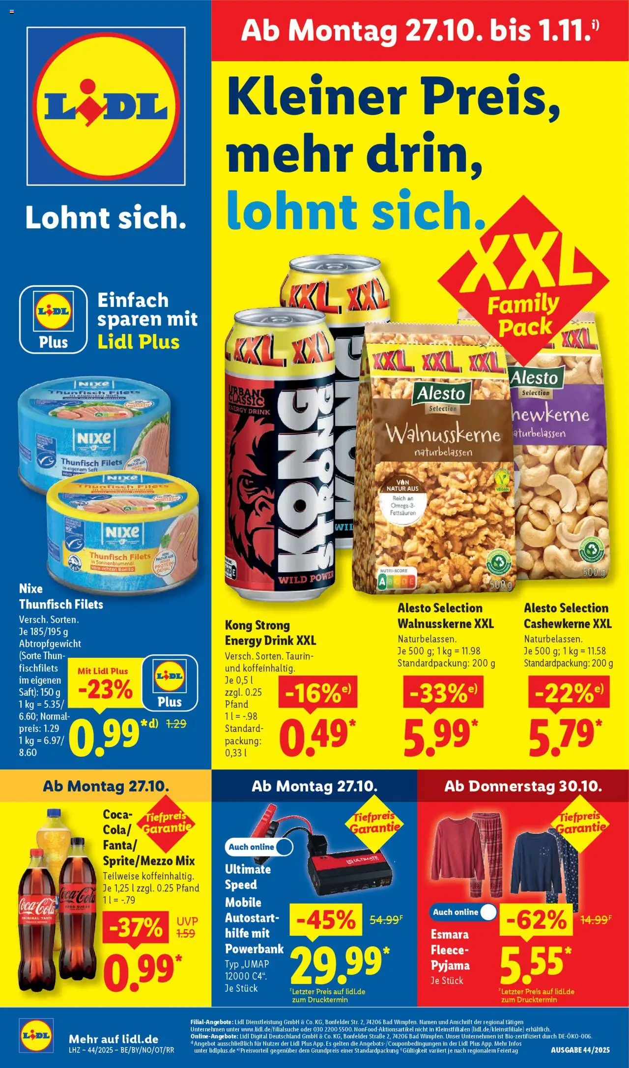 Lidl Prospekt Prenzlau – gültig ab 27.10.2025 | Seite: 1 | Produkte: Coca cola, Thunfisch, Pyjama, Powerbank