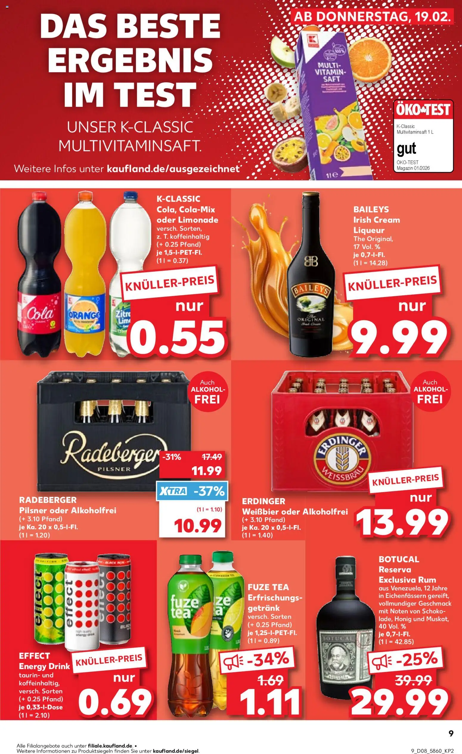 Kaufland prospekt Stuttgart	 – gültig ab 19.02.2026 | Seite: 9 | Produkte: Erdinger, Rum, Saft, Radeberger pilsner