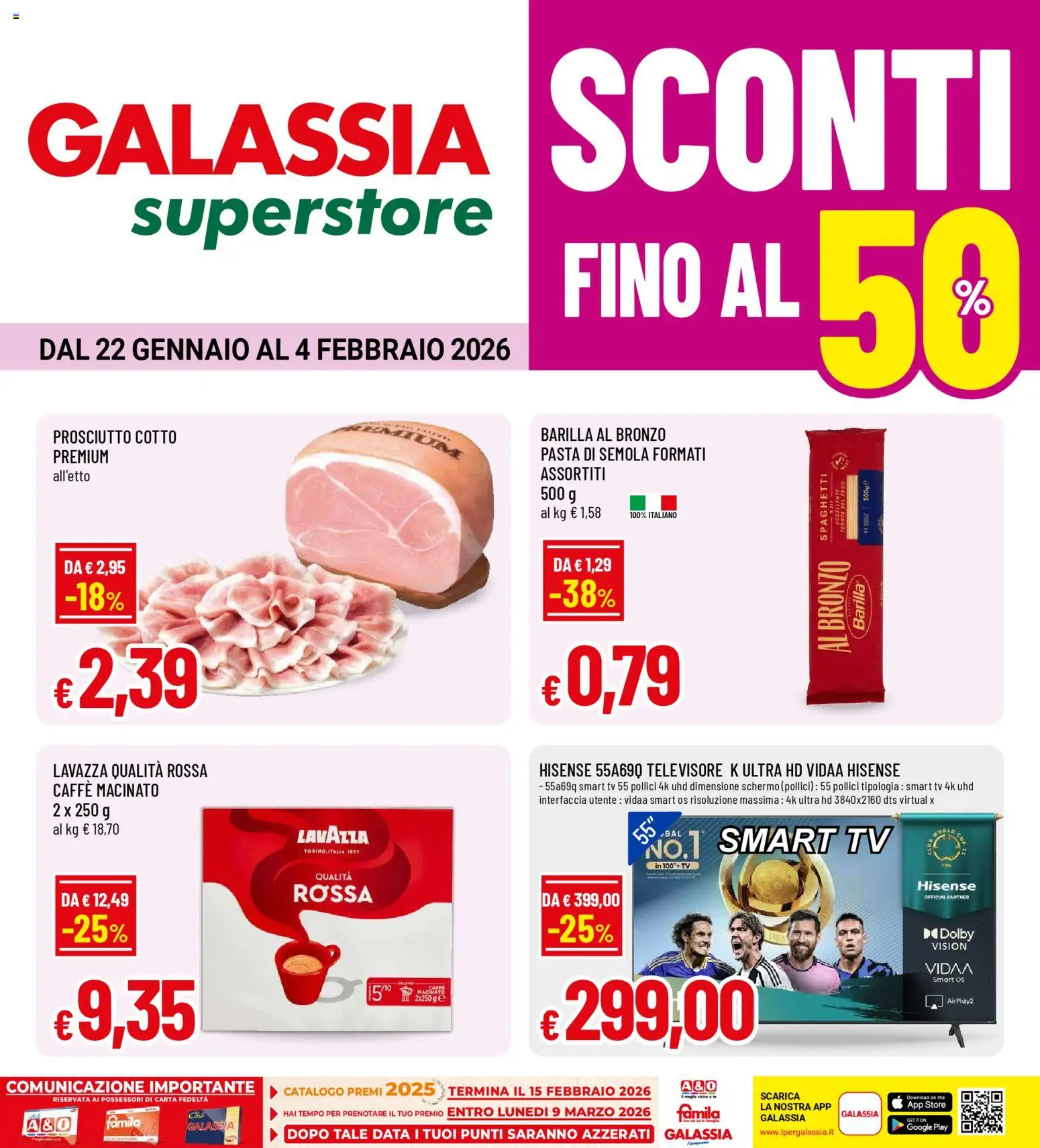 Volantino Galassia del 22.01.2026 | Pagina: 1 | Prodotti: Caffè, smart TV, Prosciutto, Macinato