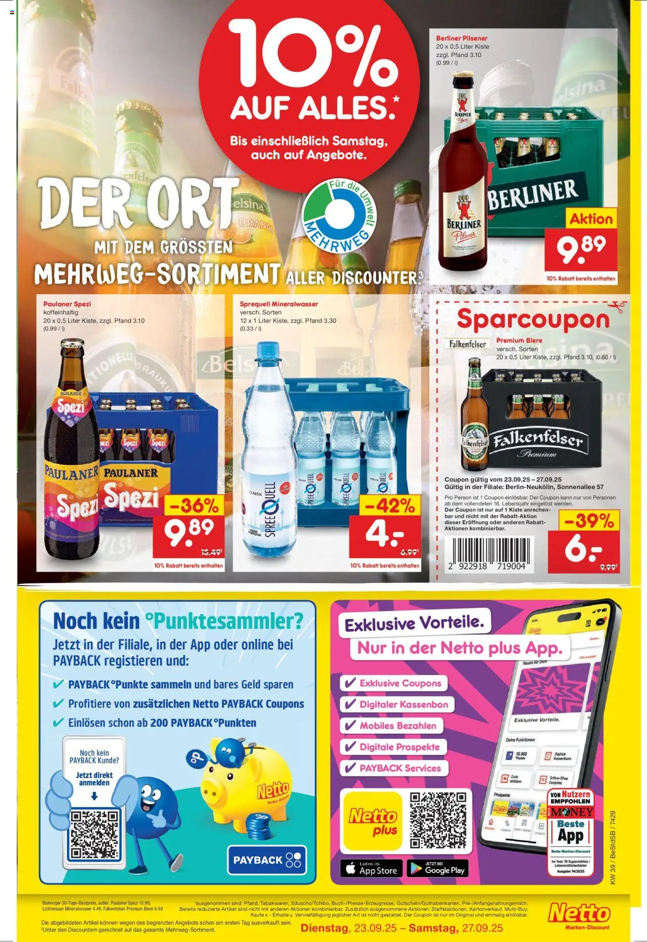 Netto Marken-Discount Wiedereröffnung in deiner Nähe – gültig ab 23.09.2025 | Seite: 3 | Produkte: Berliner, Paulaner spezi, Mineralwasser, Paulaner