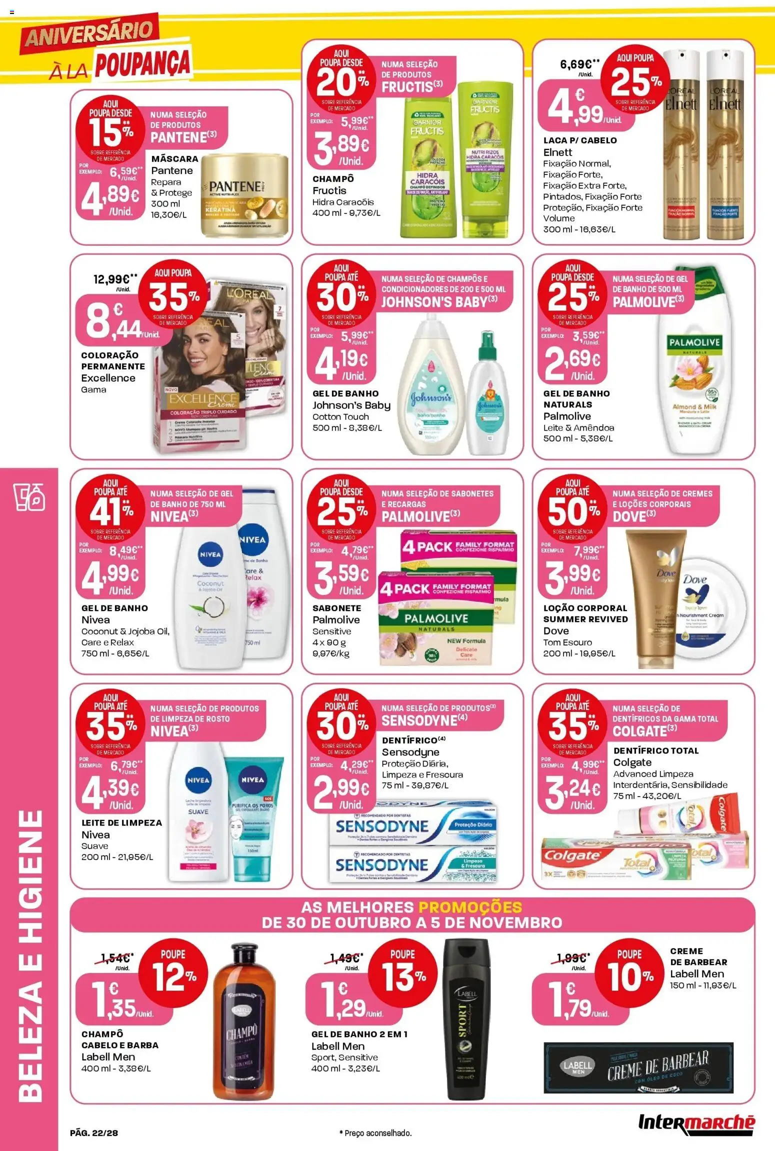 Intermarché - Aniversário à la poupança. » de 30/10/2025 - 05/11/2025 | Página: 22 | Produtos: Gel de banho, Leite, Banho, Creme