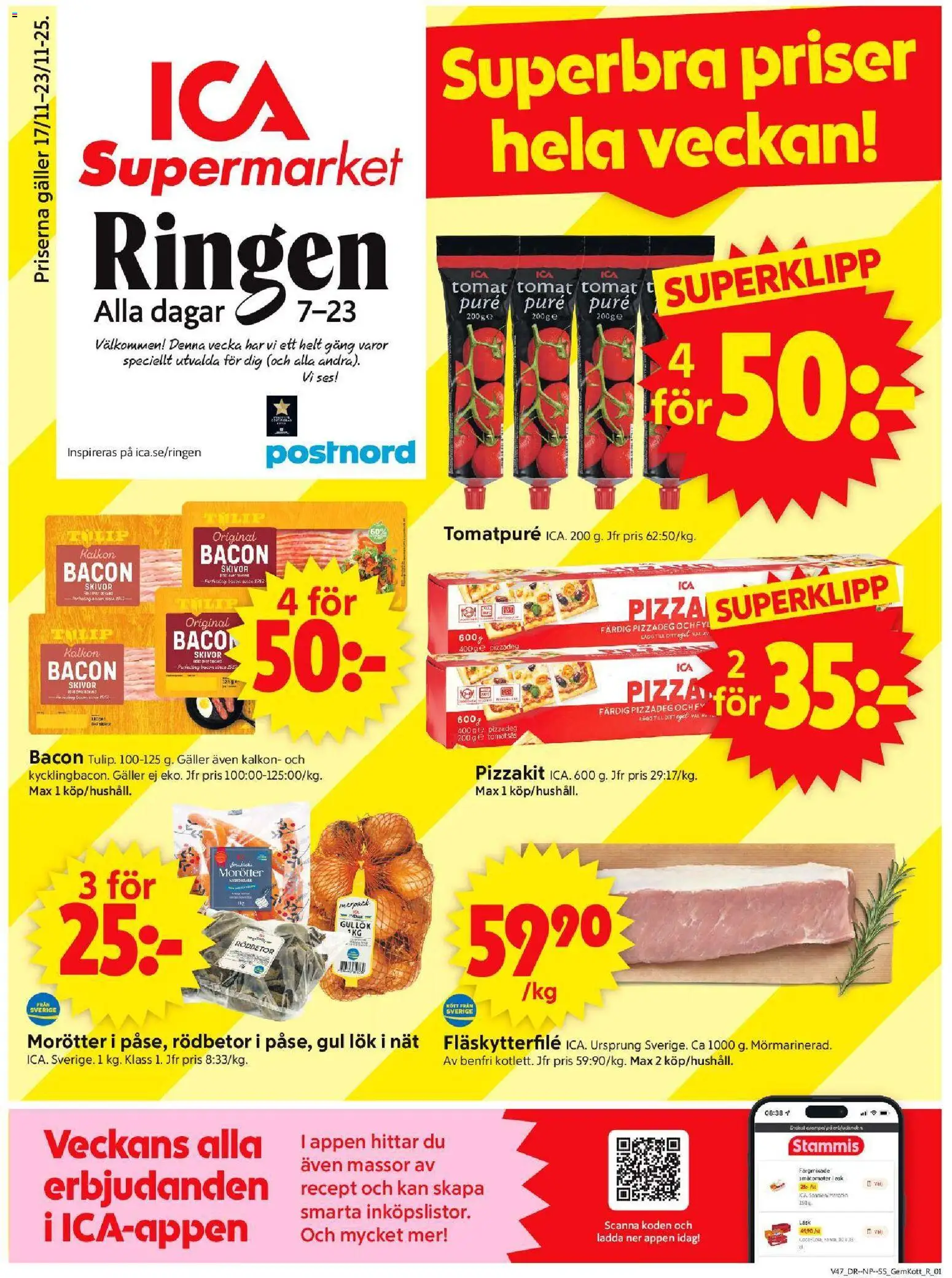 ICA Supermarket reklamblad aktuell från 17.11.2025 | Sida: 1 | Produkter: Bacon, Galler, Fläskytterfilé, Tomatsås