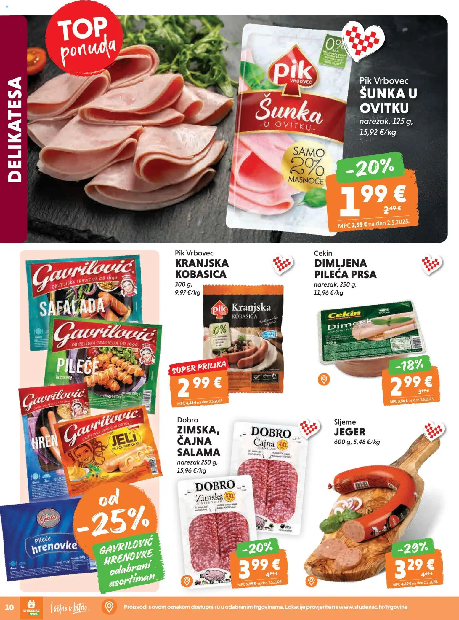 Studenac katalog | vrijedi od 29.04.2026 | Stranica: 10 | Proizvodi: Šunka, Kobasica, Pik Vrbovec, Pileća prsa