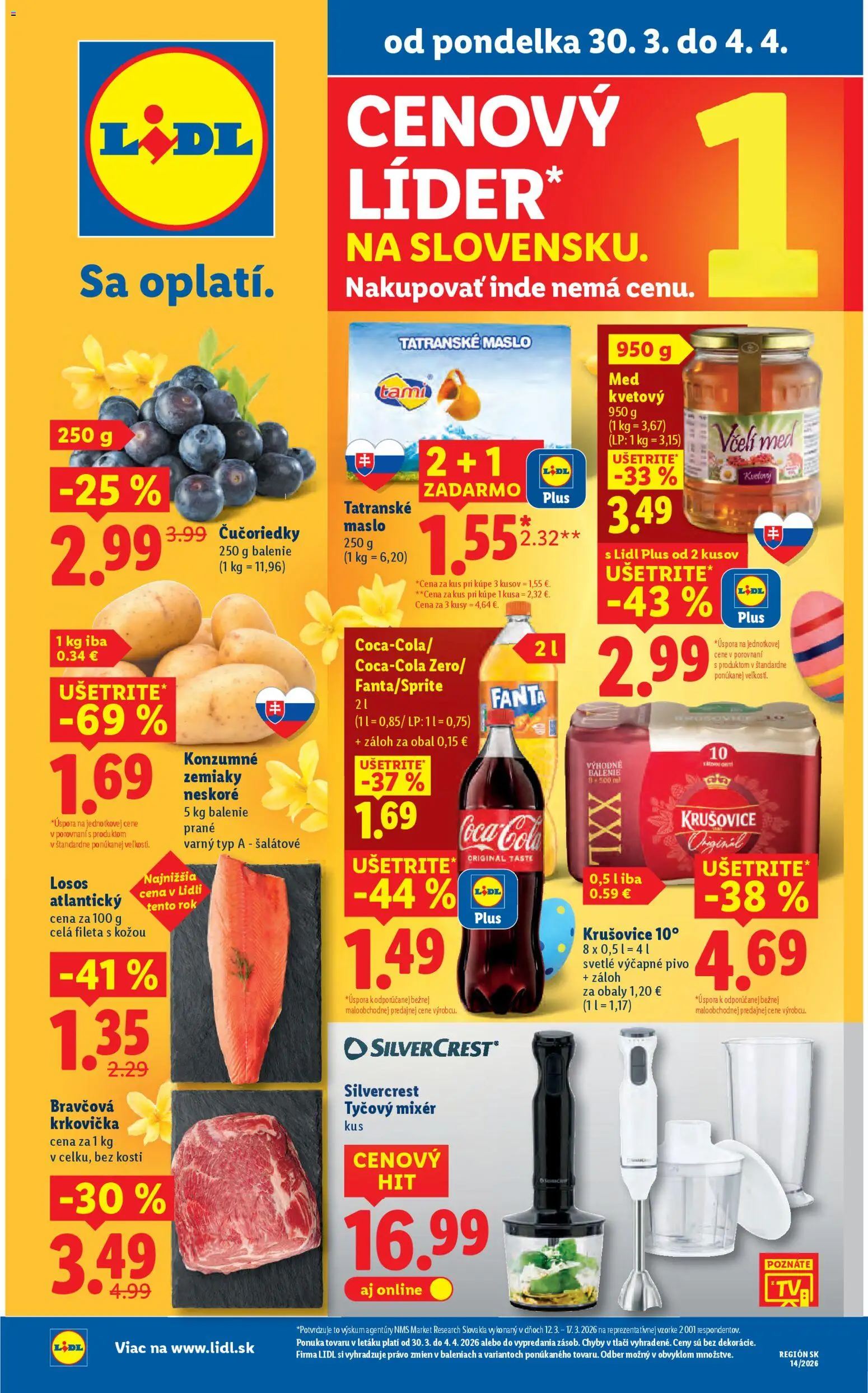 Nové Lidl akcie – leták je platný od 30.03.2026 | Strana: 1 | Produkty: Mixér, Tyčový mixér, Bravčová krkovička, Losos