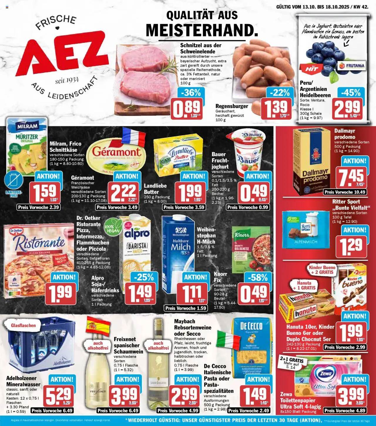 AEZ Prospekt 	 – gültig ab 13.10.2025 | Seite: 1 | Produkte: Freixenet, Kinder bueno, Schnitzel, Toilettenpapier
