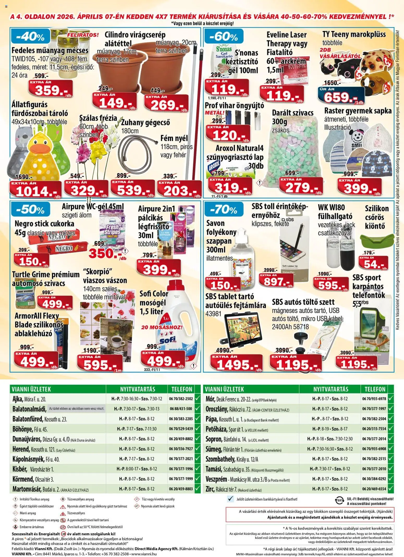 Vianni akciós ujság - amely érvényes a következő dátumtól: 01.04.2026 | Oldal: 4 | Termékek: Telefon, USB, Virágcserép, Szappan