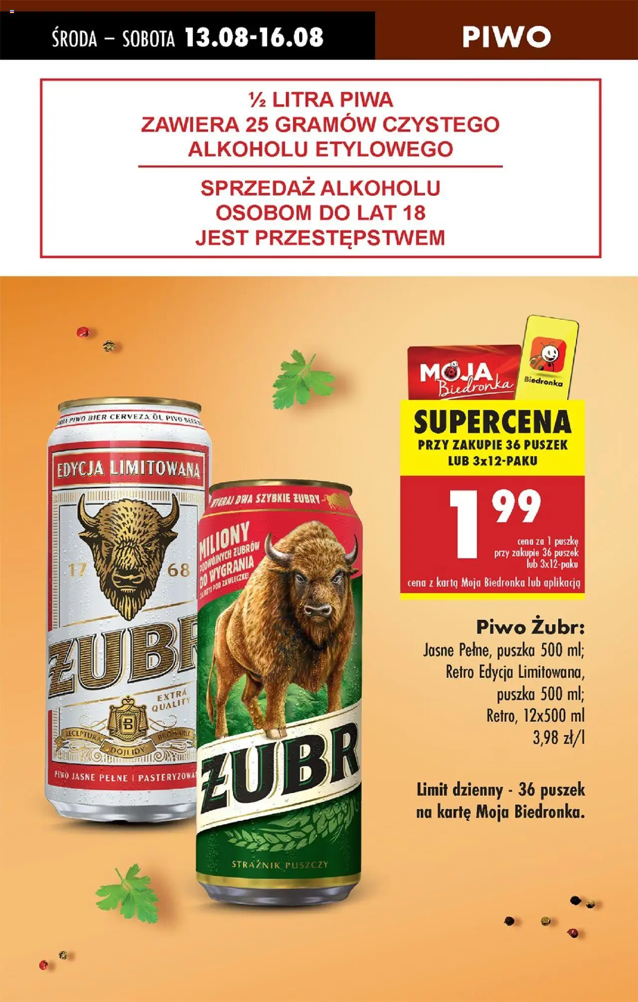 Biedronka gazetka - Oferta w tym tygodniu od 14.08.2025 | Strona: 13 | Produkty: Piwo żubr, Karta, Piwo