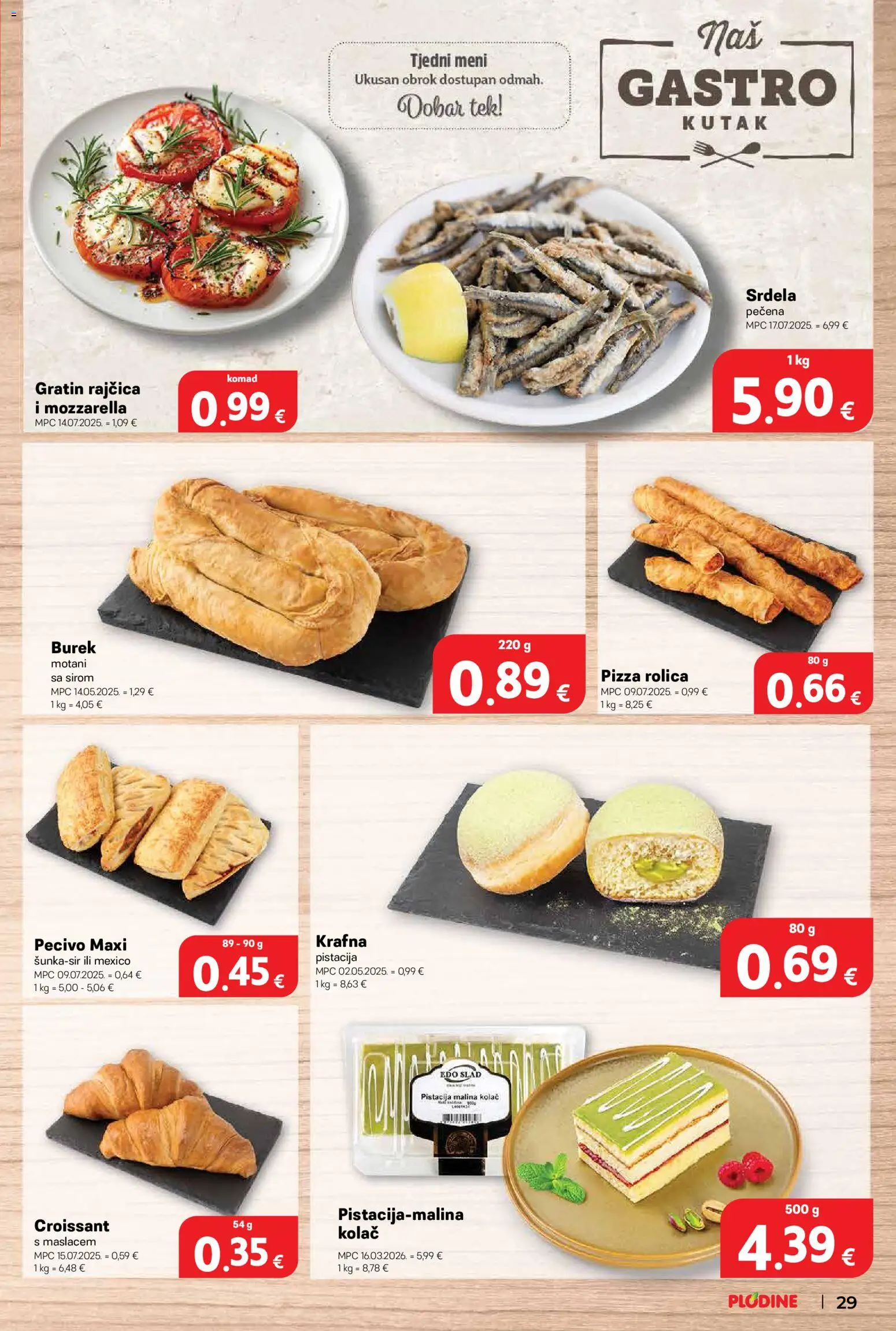 Plodine katalog | vrijedi od 18.03.2026 | Stranica: 29 | Proizvodi: Mozzarella, Pizza, Srdela, Pecivo