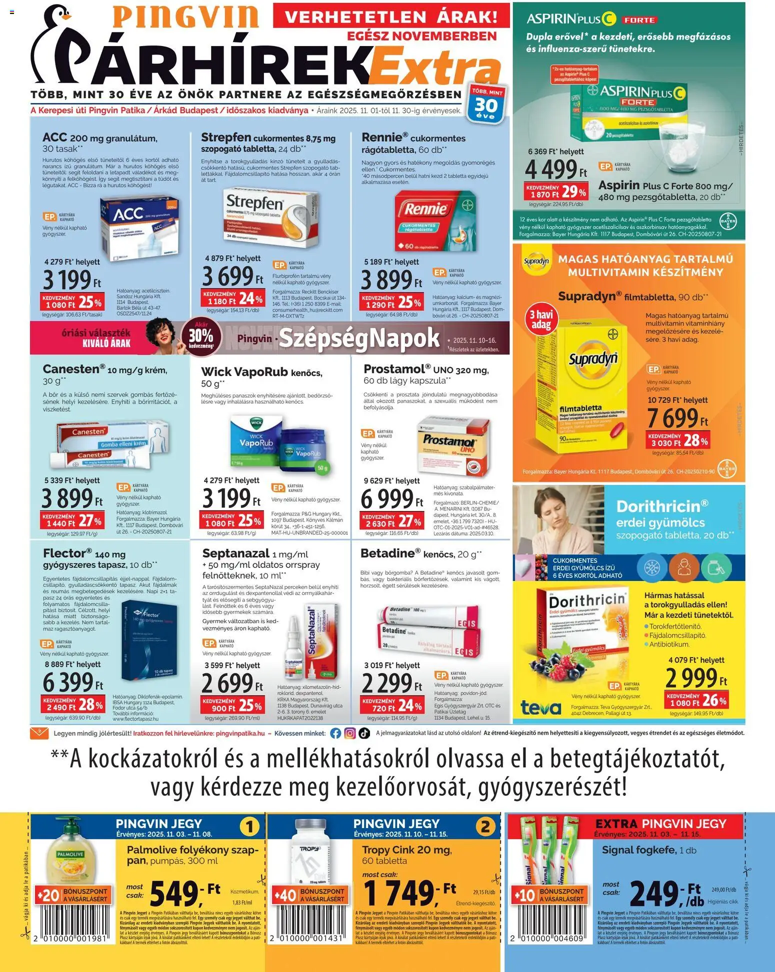 Pingvin Patika akciós ujság - amely érvényes a következő dátumtól: 01.11.2025 | Oldal: 1 | Termékek: Gyümölcs, Pezsgőtabletta, Bor, Narancs