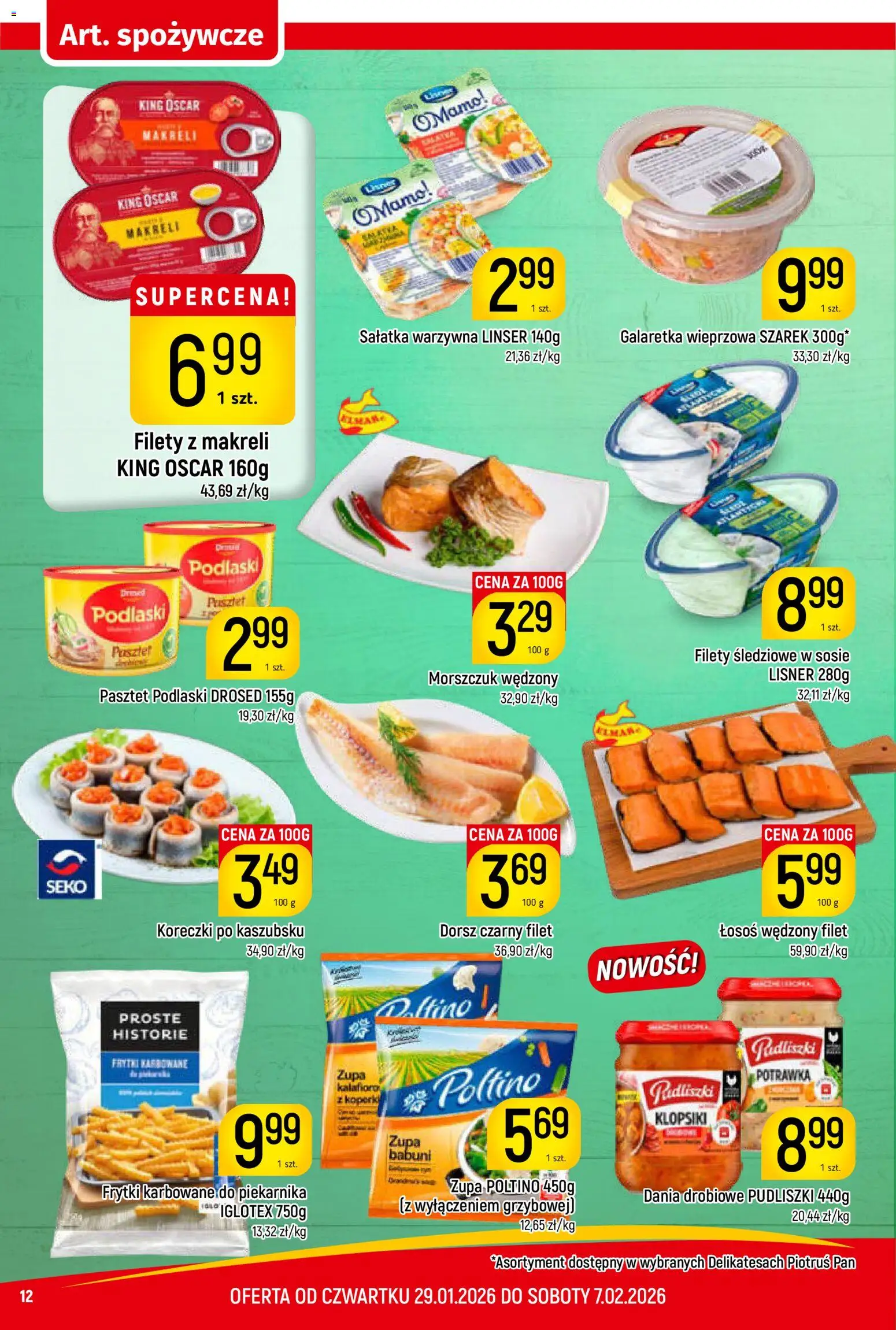 Piotruś Pan Gazetka od 29.01.2026 | Strona: 12 | Produkty: Łosoś wędzony, Dorsz, Klopsiki, Frytki