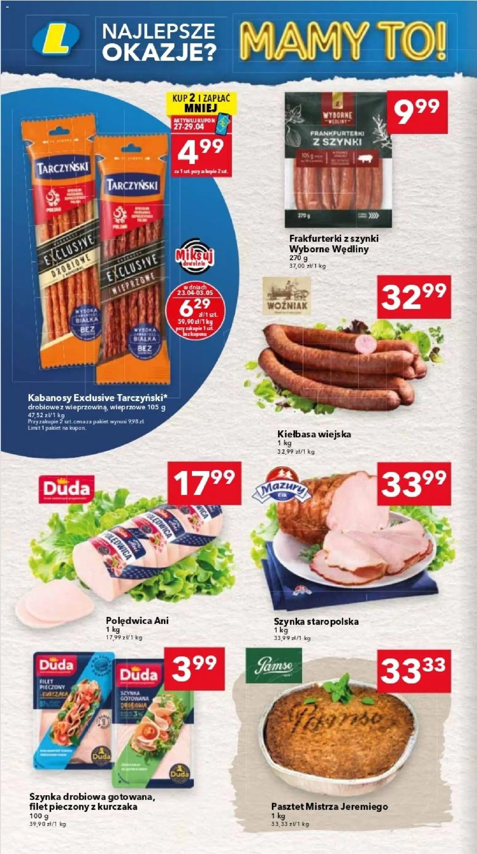 Lewiatan gazetka - Warszawa od 23.04.2026 | Strona: 4 | Produkty: Kiełbasa, Szynka drobiowa, Frankfurterki, Wędliny