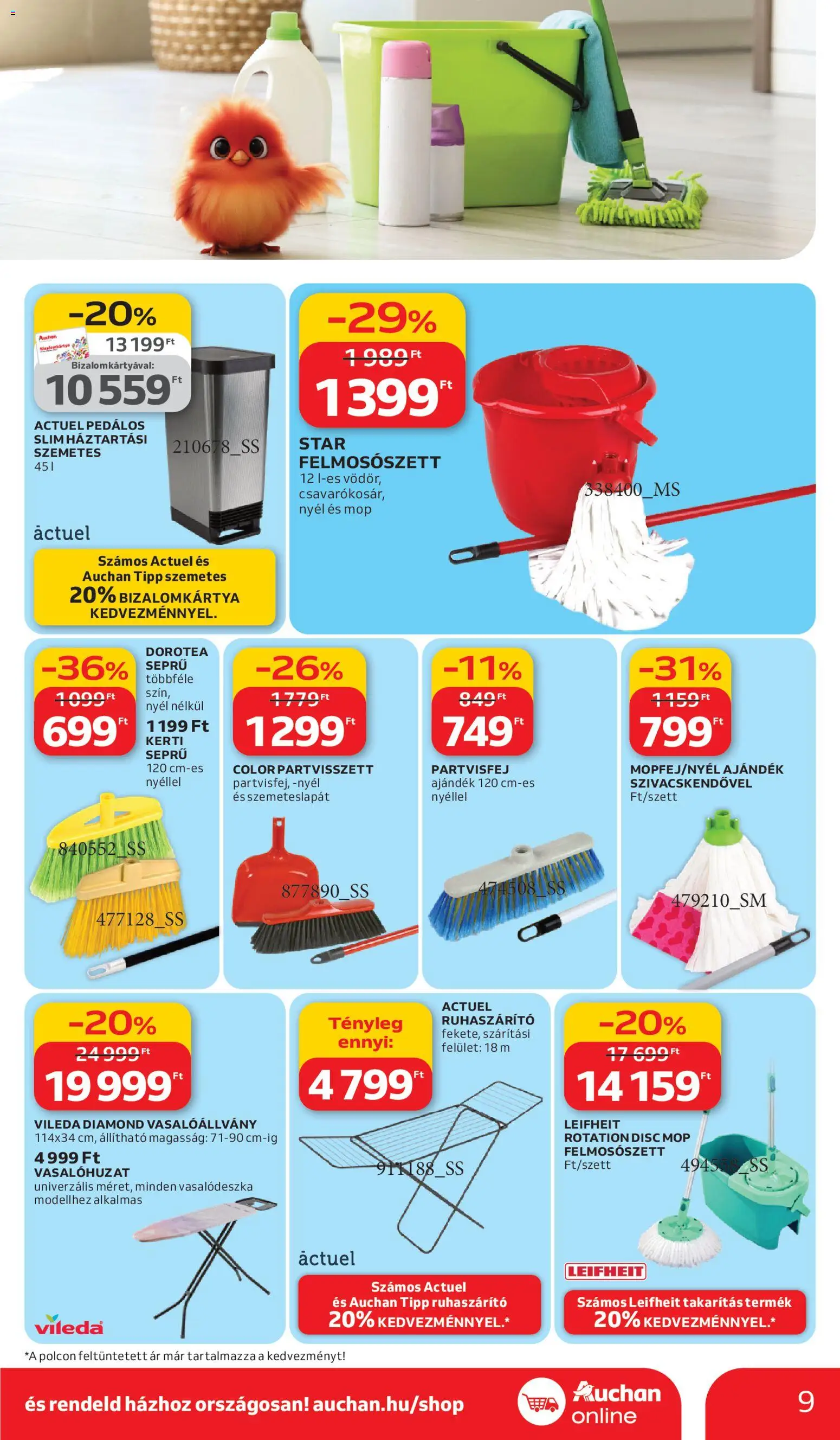 Auchan akciós ujság - amely érvényes a következő dátumtól: 05.03.2026 | Oldal: 9 | Termékek: Vasalóállvány, Vasalódeszka, Ruhaszárító, Vileda