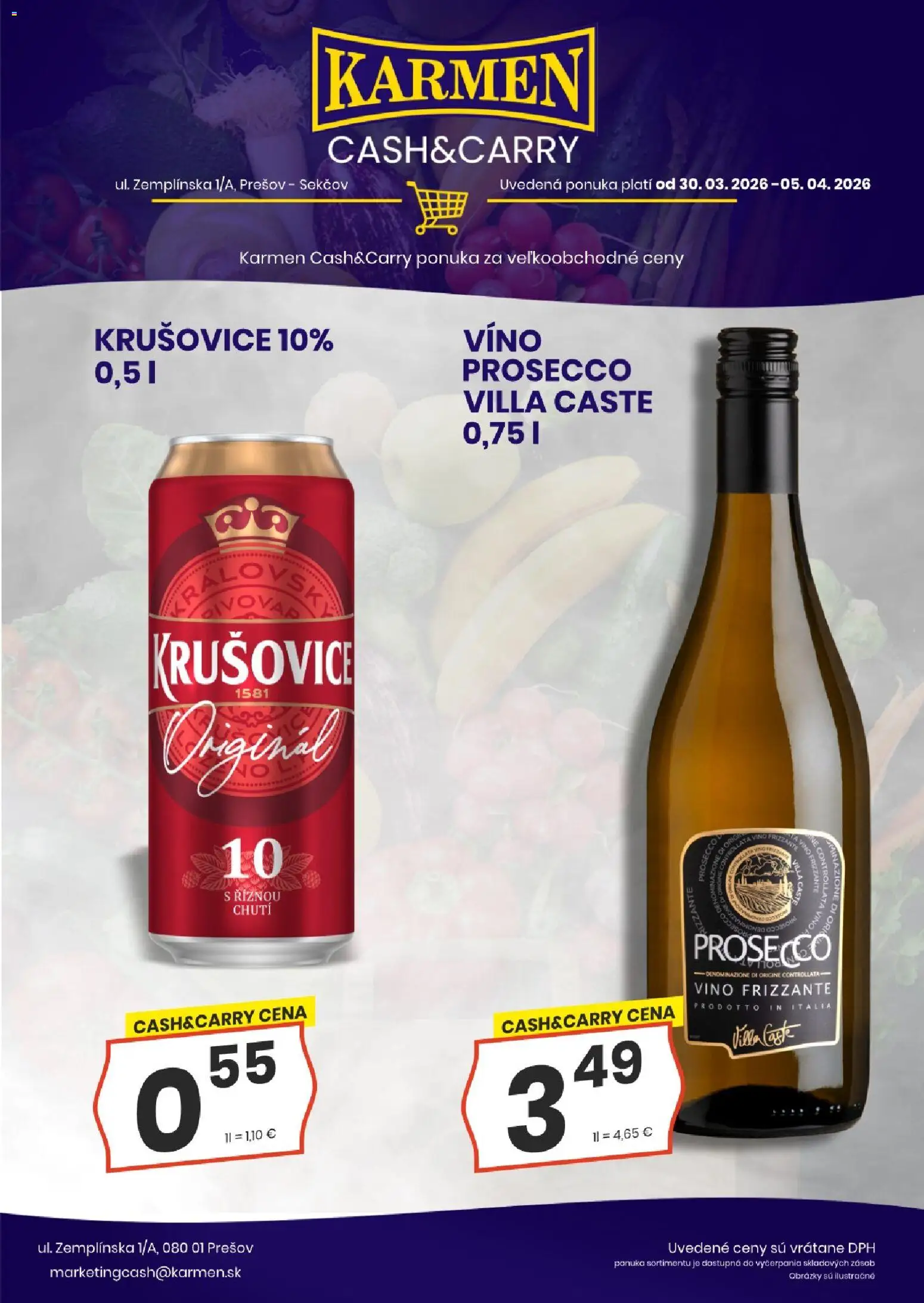 Nové KARMEN CBA akcie – leták je platný od 30.03.2026 | Strana: 4 | Produkty: Víno, Prosecco, Krušovice