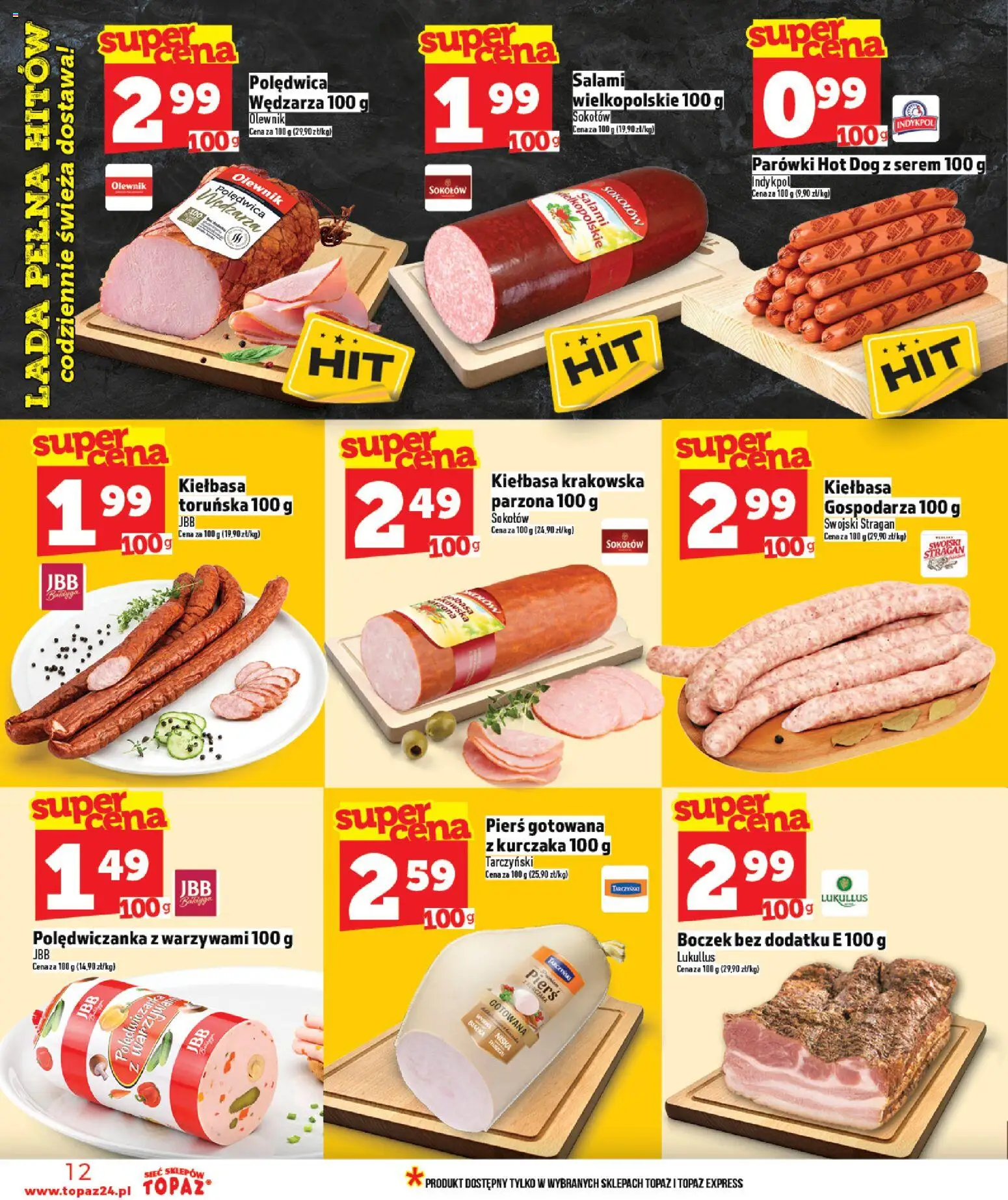 Topaz gazetka od 12.03.2026 | Strona: 12 | Produkty: Kiełbasa, Parówki, Kiełbasa krakowska, Boczek