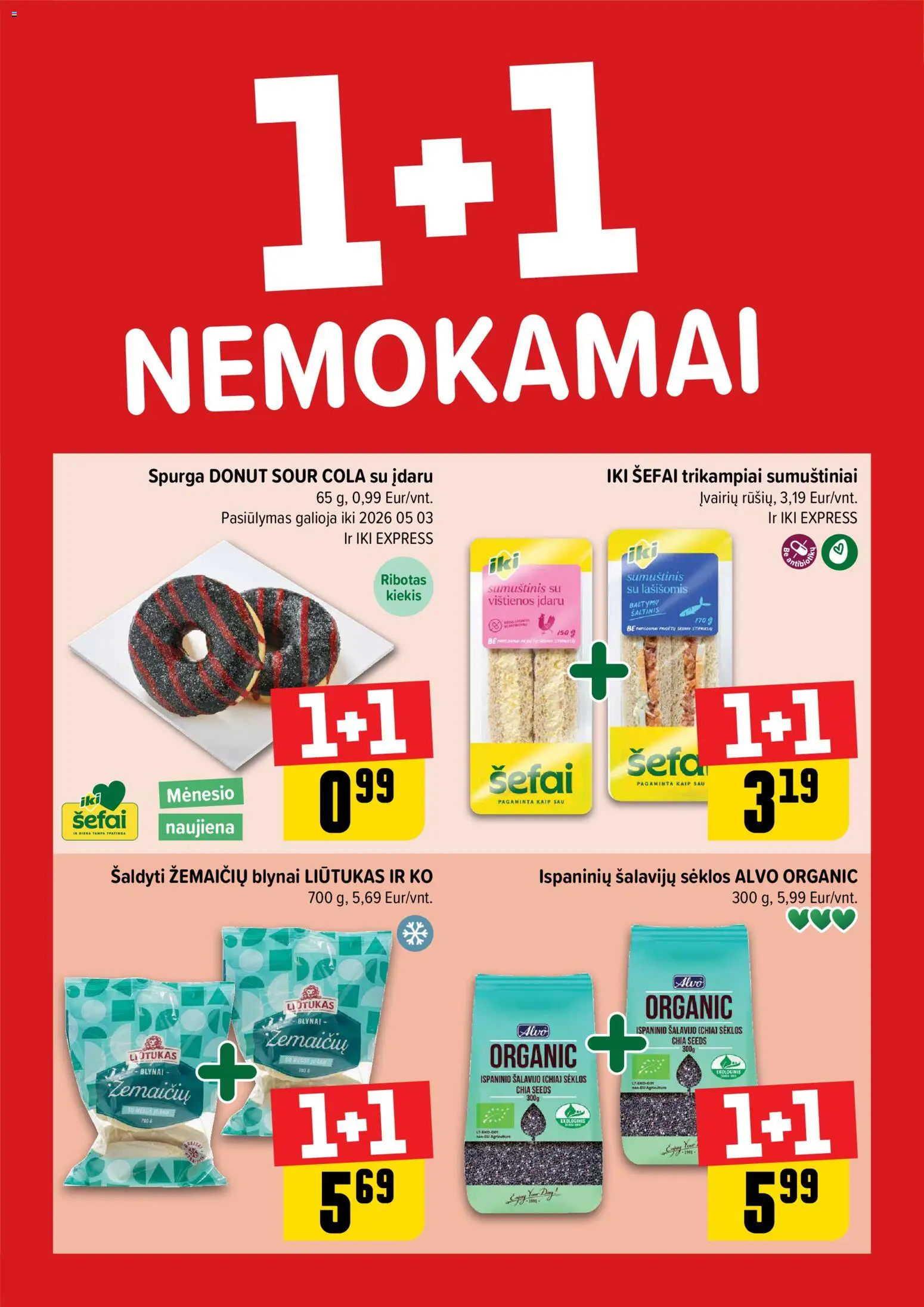 IKI akcijos nuo 20.04.2026 | Puslapis: 1 | Prekių: Vištienos, Sėklos, Spurga, Sumuštinis