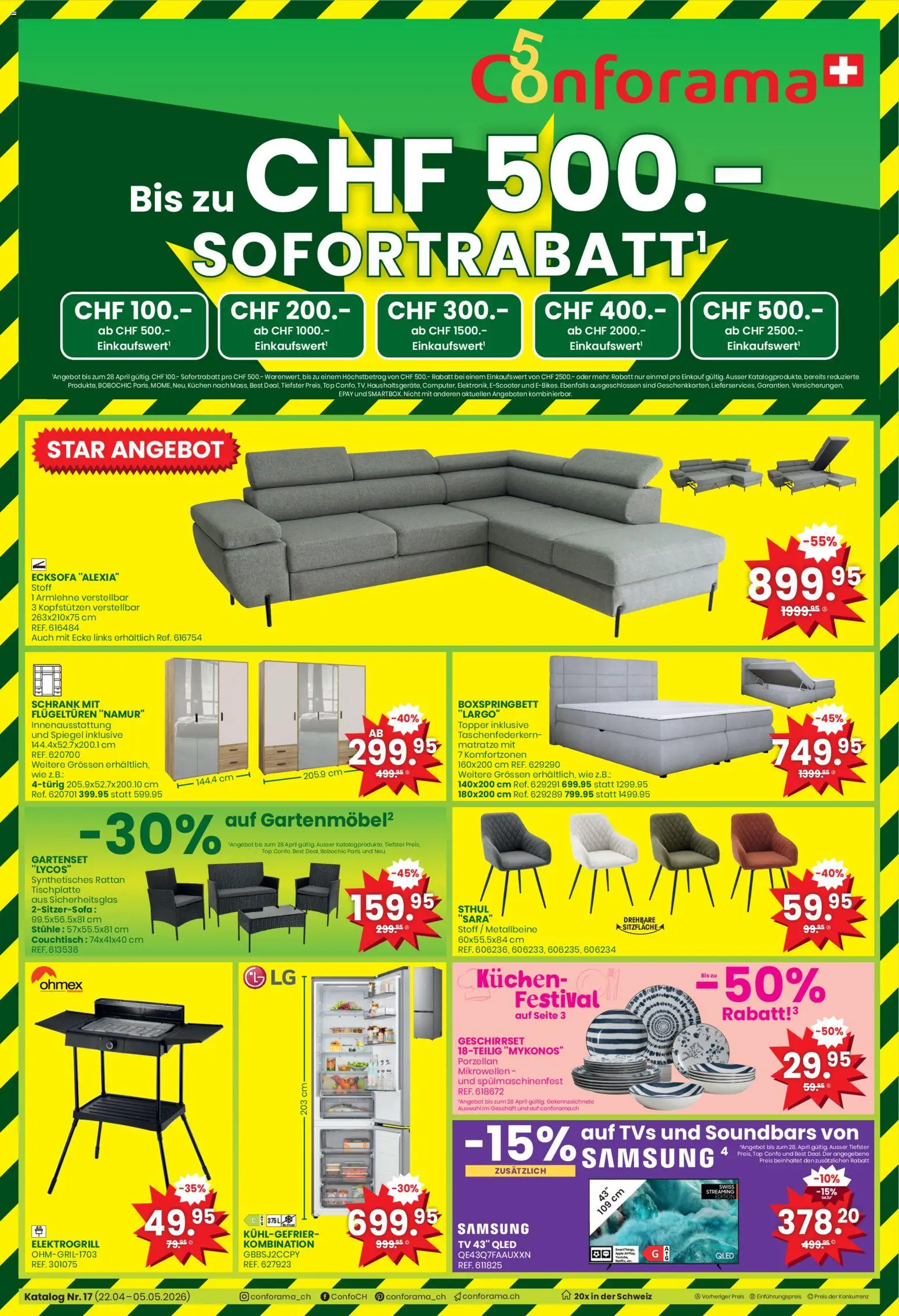 Conforama aktionen – gültig ab 22.04.2026 | Seite: 1 | Produkte: Couchtisch, Topper, Schrank, Samsung