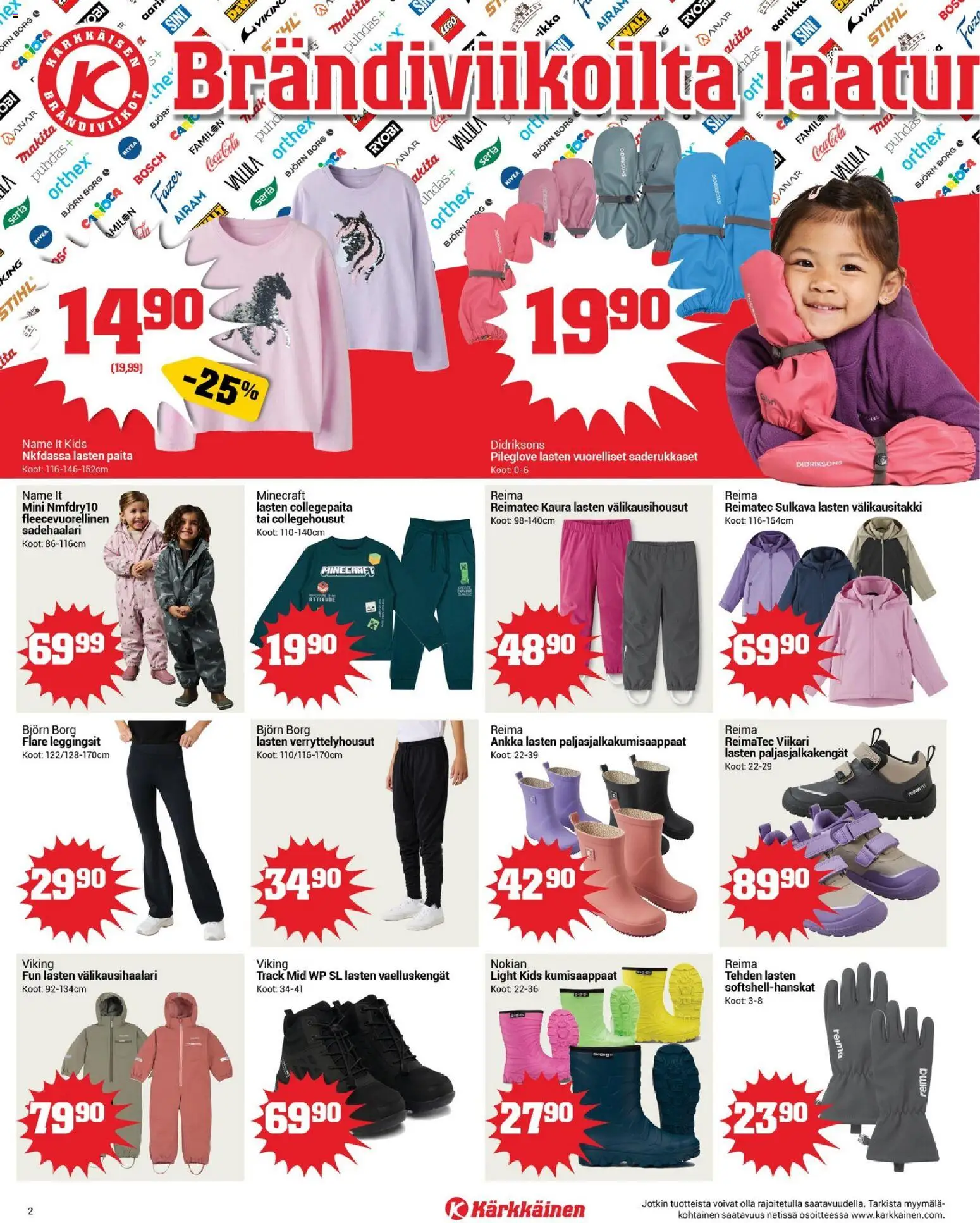 Kärkkäinen tarjoukset – voimassa 04.01.2026 alkaen | Sivu: 2 | Tuotteet: Paljasjalkakengät, Leggingsit, Sadehaalari, Kumisaappaat