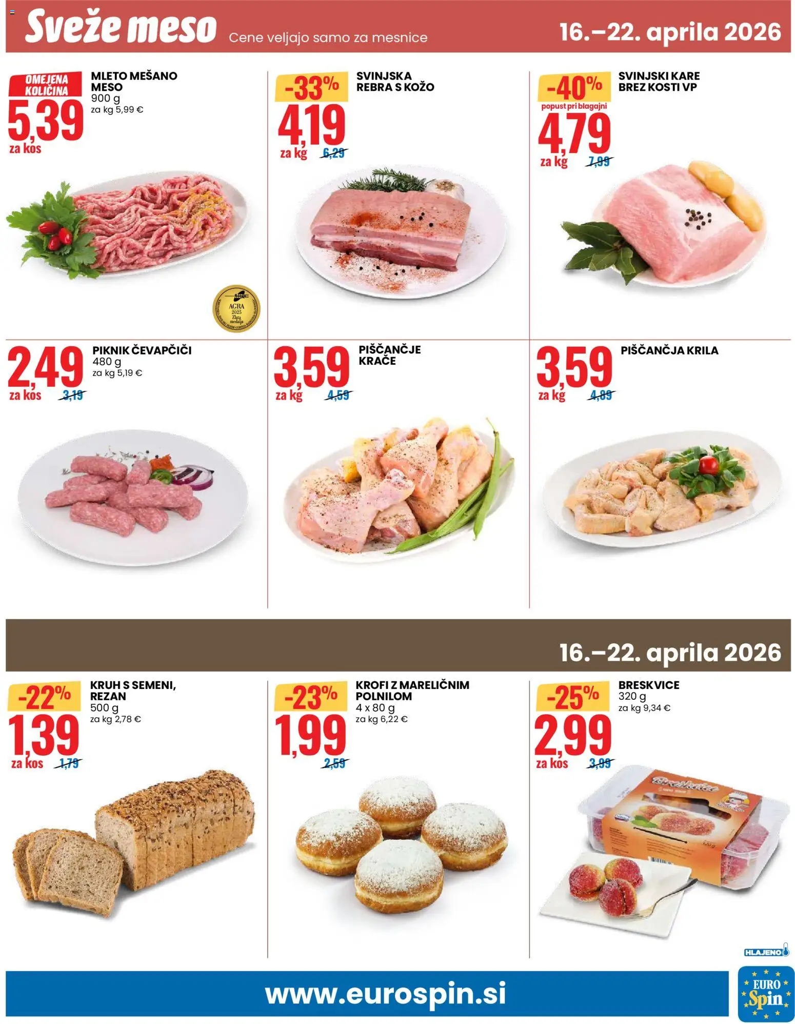 Novi Eurospin katalog ponudbe – veljaven od 16.04.2026 | Stran: 13 | Izdelki: Čevapčiči, Piščančja krila, Kos, Kruh