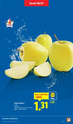 LIDL - Prévisualisation de Pomme Golden (1), Le kilo, Catégorie 1, Calibre: 170-200 / 190-220 / 201-240 g, Variété: Golden Delicious valide à partir de 08.01.2026 | Page: 5 | Produits: Pomme, Pommes