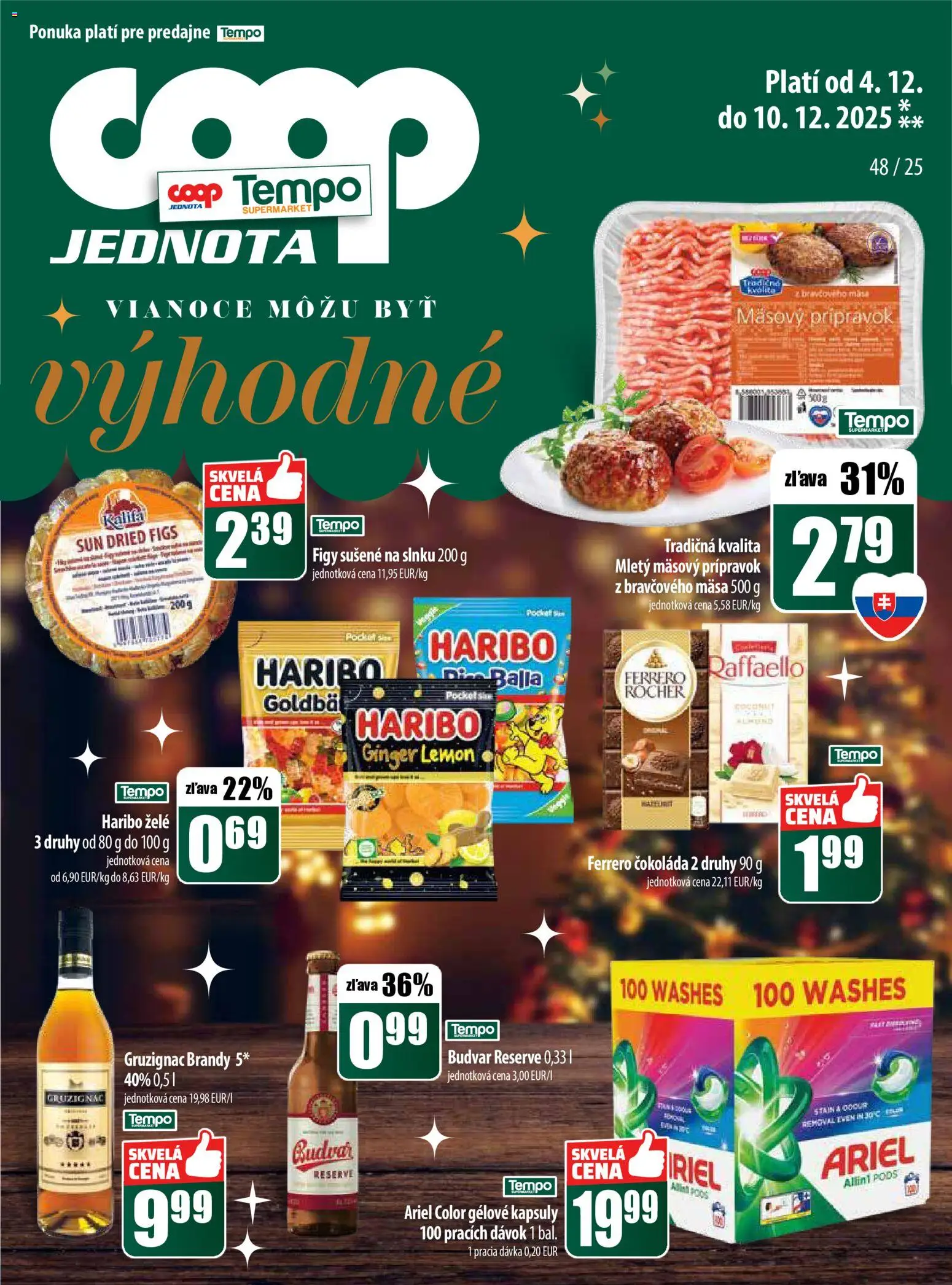 Nové COOP Jednota akcie – leták je platný od 04.12.2025 | Strana: 29 | Produkty: Budvar, Čokoláda, Brandy, Ariel