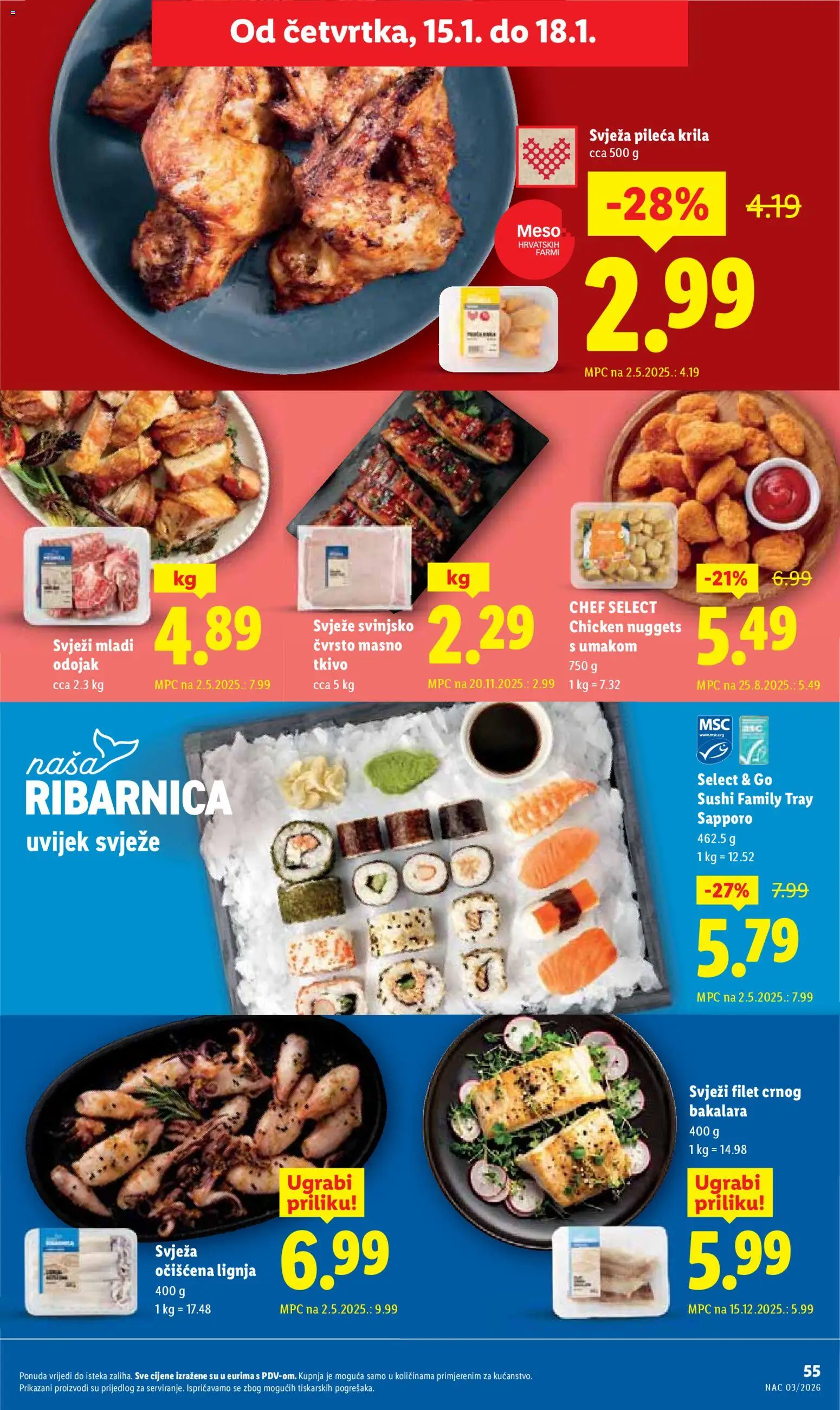 Lidl katalog | vrijedi od 12.01.2026 | Stranica: 55 | Proizvodi: Pileća krila, Odojak, Meso, Sushi