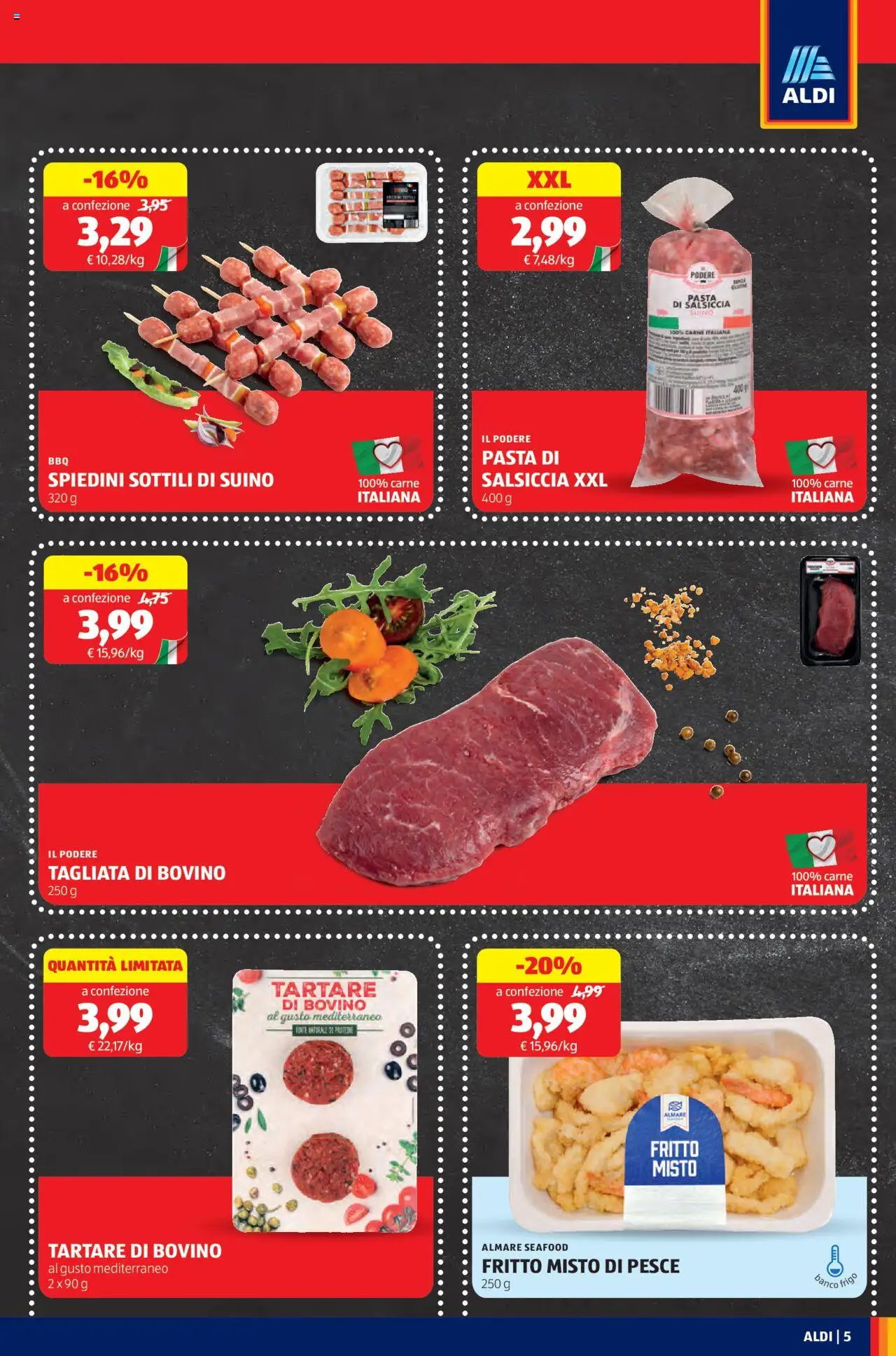 Volantino Aldi del 06.10.2025 | Pagina: 5 | Prodotti: Bovino, Pesce, Salsiccia, Spiedini