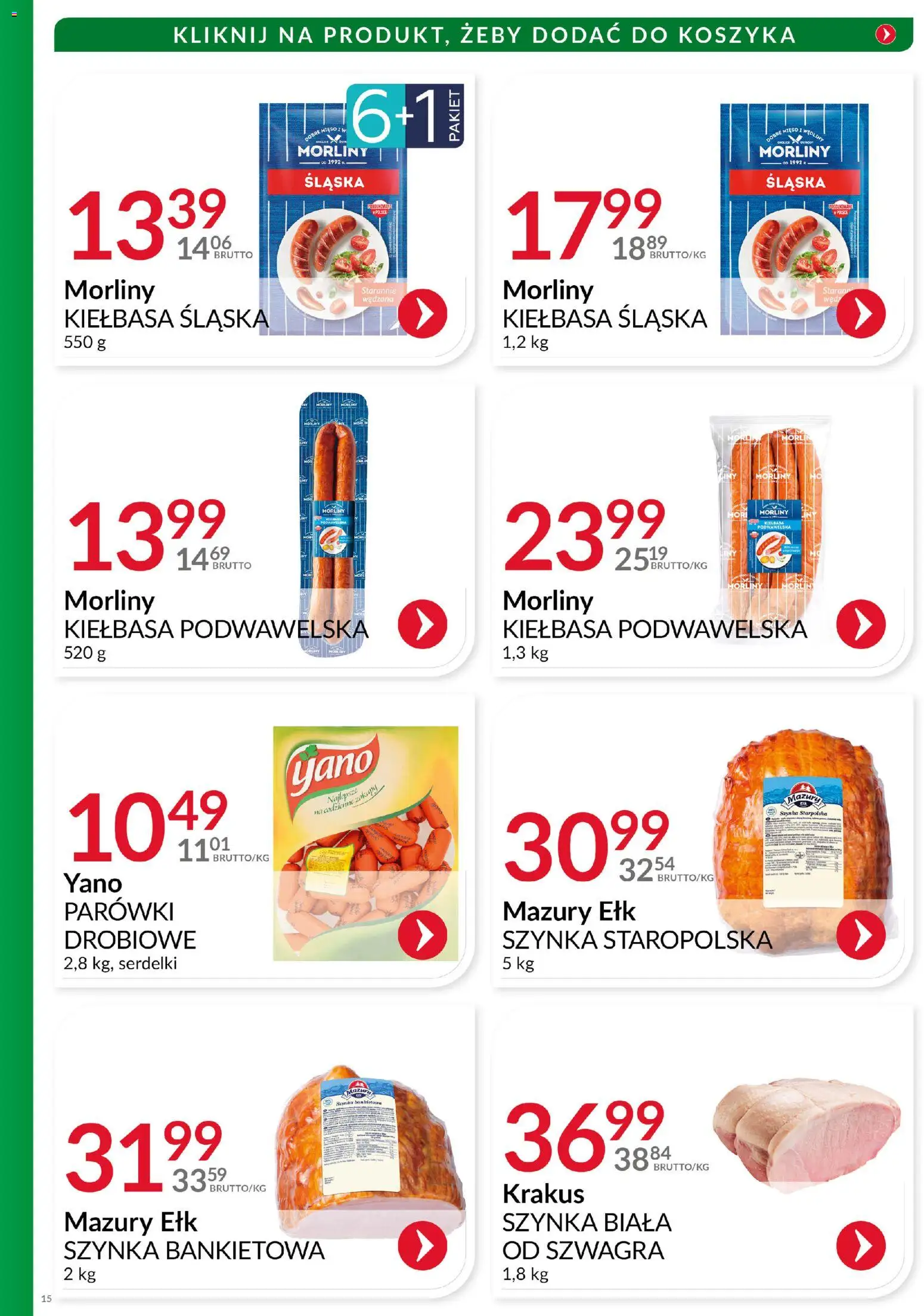 Eurocash Gazetka - Katalog Wędlin od 01.12.2025 | Strona: 15 | Produkty: Kiełbasa, Mięso, Kiełbasa podwawelska, Wędliny