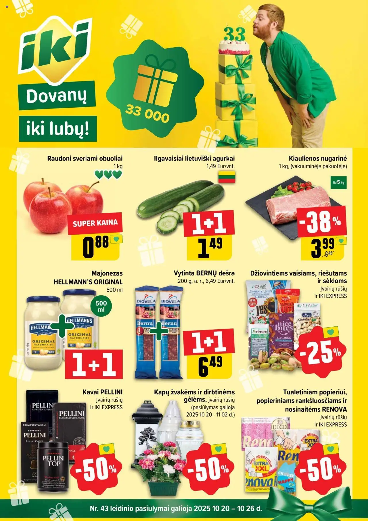 IKI akcijos nuo 20.10.2025 | Puslapis: 1 | Prekių: Agurkai, Kiaulienos, Dešra, Obuoliai