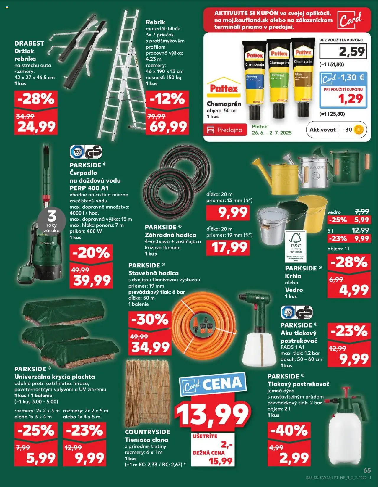 Nové Kaufland akcie – leták je platný od 26.06.2025 | Strana: 65 | Produkty: Plachta, Čerpadlo, Aku, Parkside