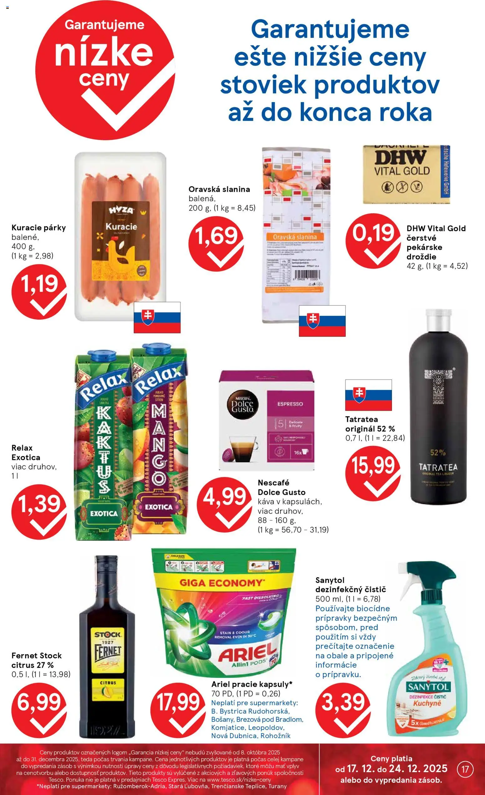 Nové Tesco akcie – leták je platný od 17.12.2025 | Strana: 17 | Produkty: Dolce Gusto, Slanina, Párky, Fernet Stock