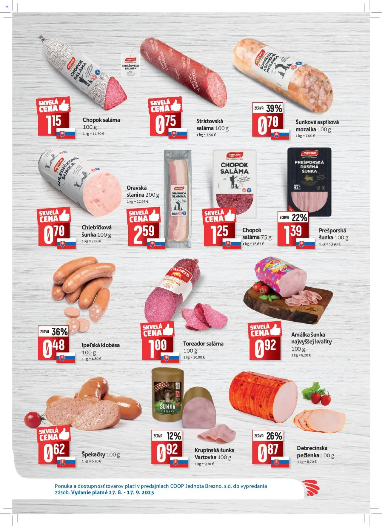 COOP Jednota ponuka Brezno │ platný od 27.08.2025 | Strana: 2 | Produkty: Saláma, Šunka, Slanina, Klobása