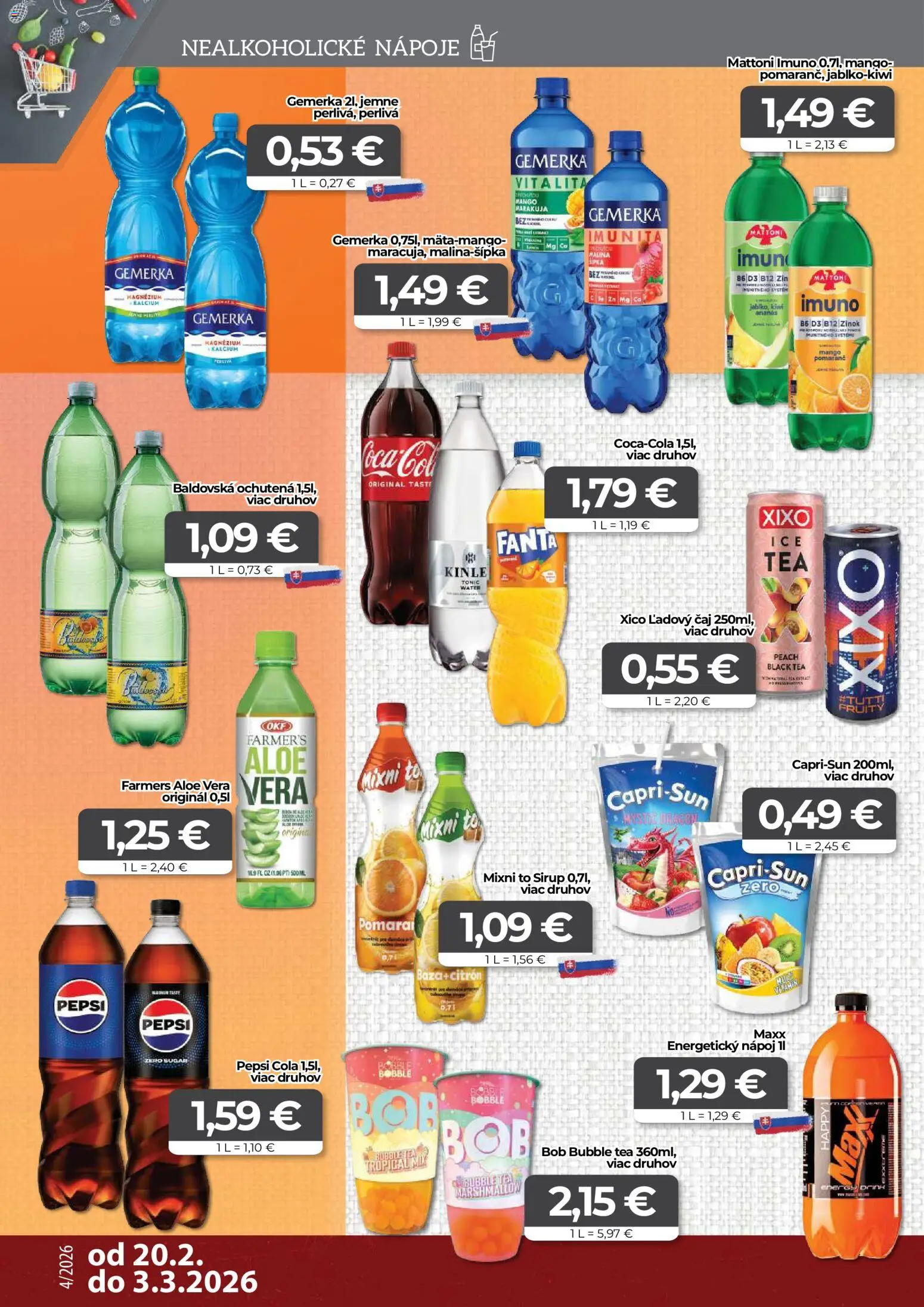 Nové CBA Komfos akcie – leták je platný od 20.02.2026 | Strana: 12 | Produkty: Čaj, Mattoni, Mango, Cola