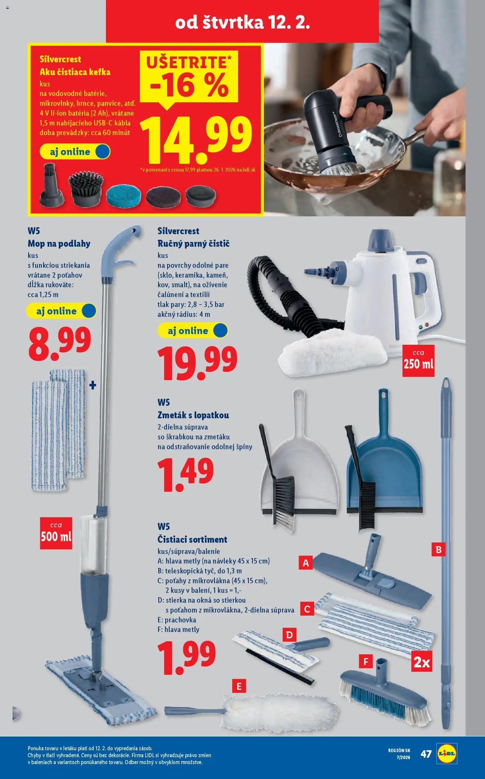 Nové Lidl akcie – leták je platný od 12.02.2026 | Strana: 47 | Produkty: Parný čistič, Aku, Mop