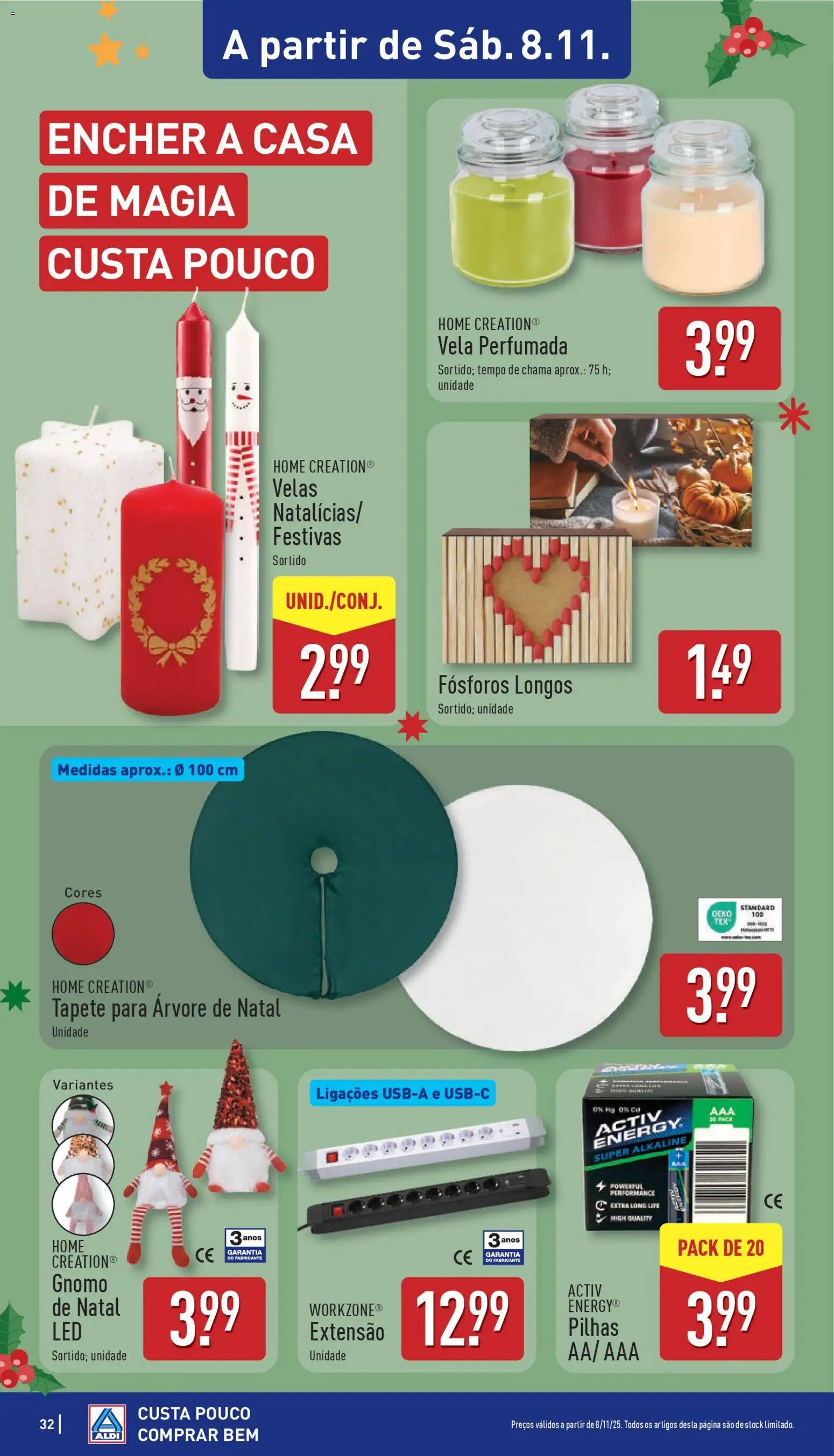 Aldi folheto │ válido de 03.11.2025 | Página: 32 | Produtos: Fósforos, Pilhas, Tapete, Velas
