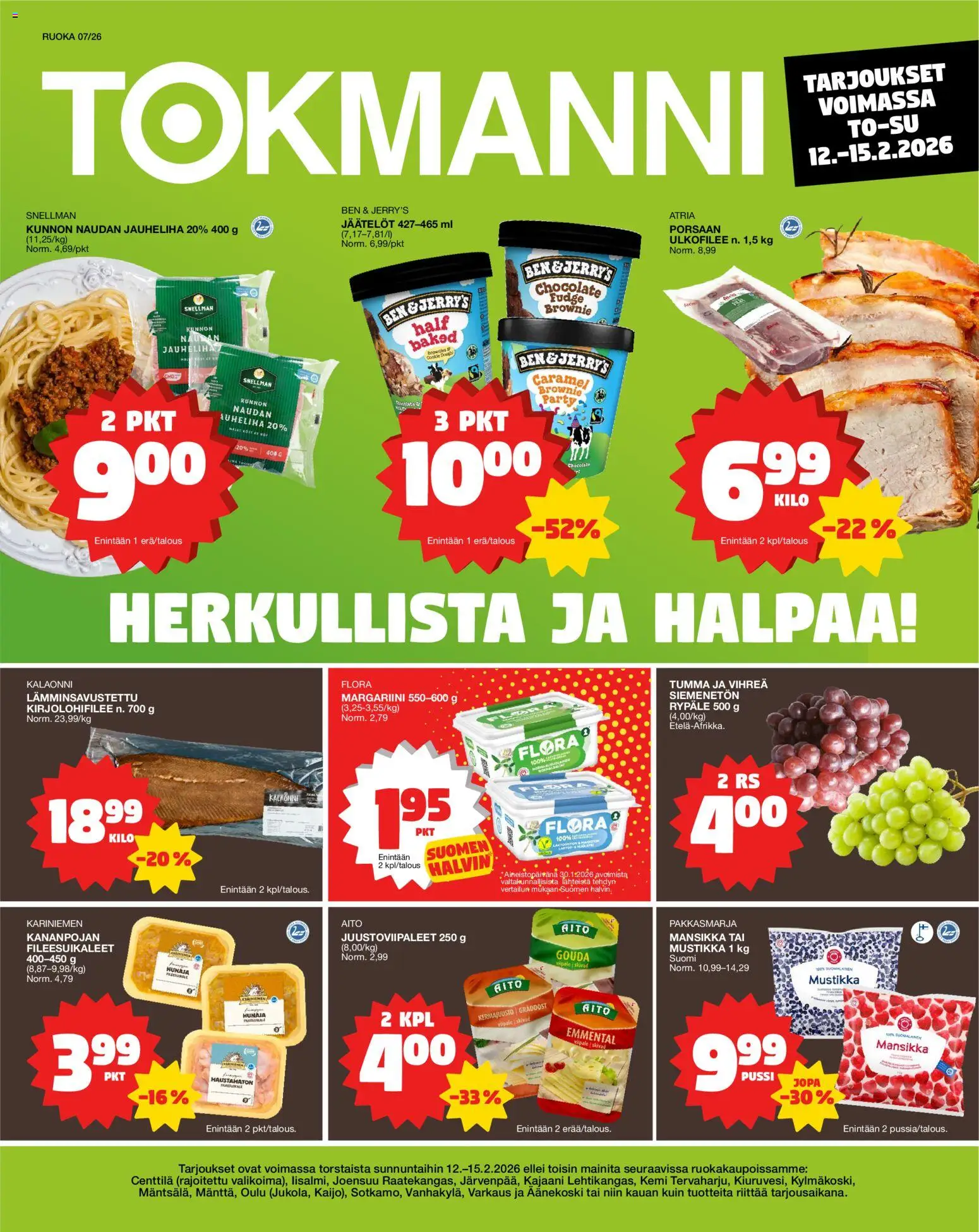 Tokmanni Ruokatarjoukset – voimassa 12.02.2026 alkaen | Sivu: 1 | Tuotteet: Jauheliha, Margariini, Mustikka, Emmental