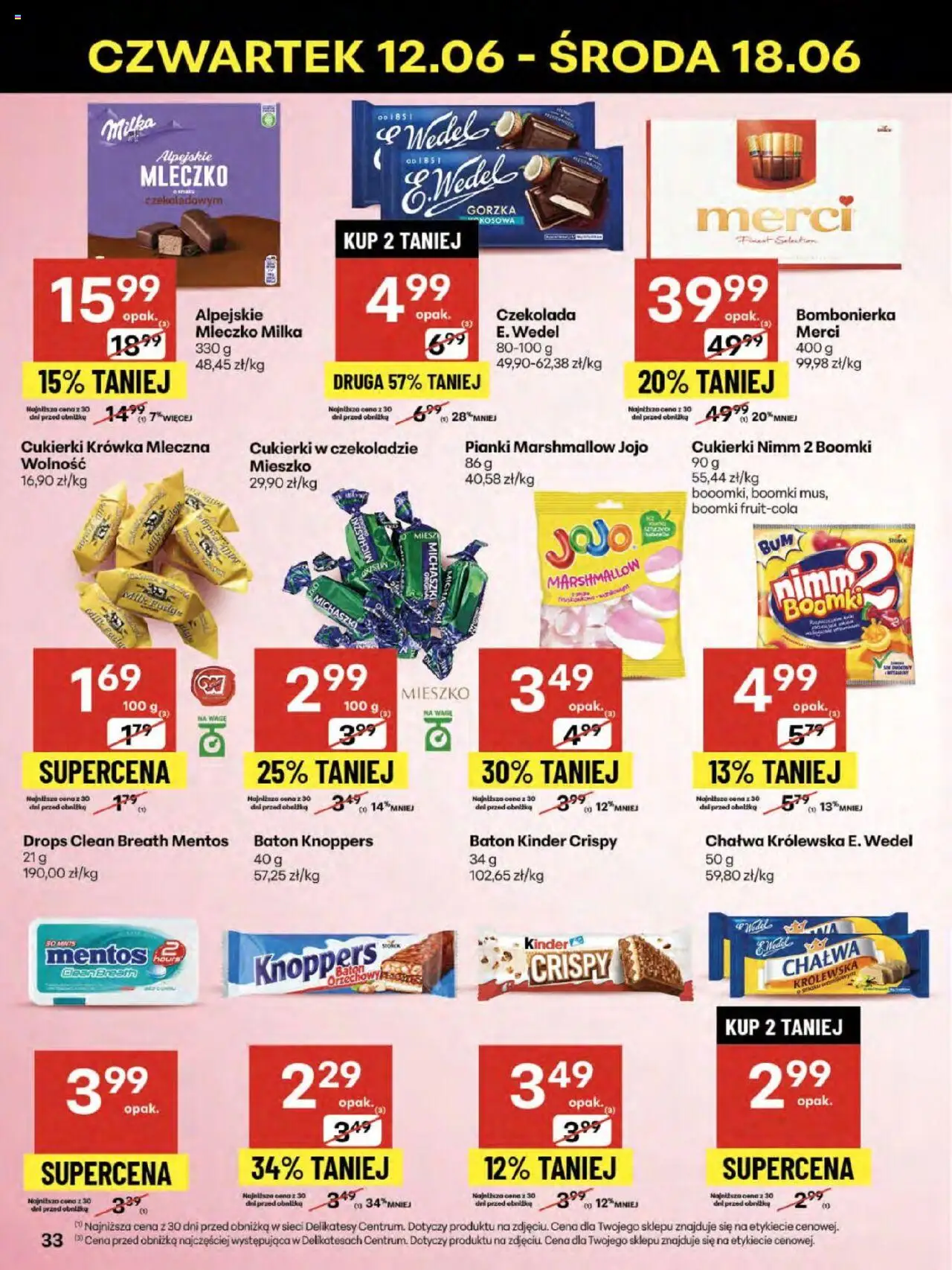Delikatesy Centrum Gazetka - Sklepy Własne od 12.06.2025 | Strona: 33 | Produkty: Knoppers, Merci, Krowka, Cukierki
