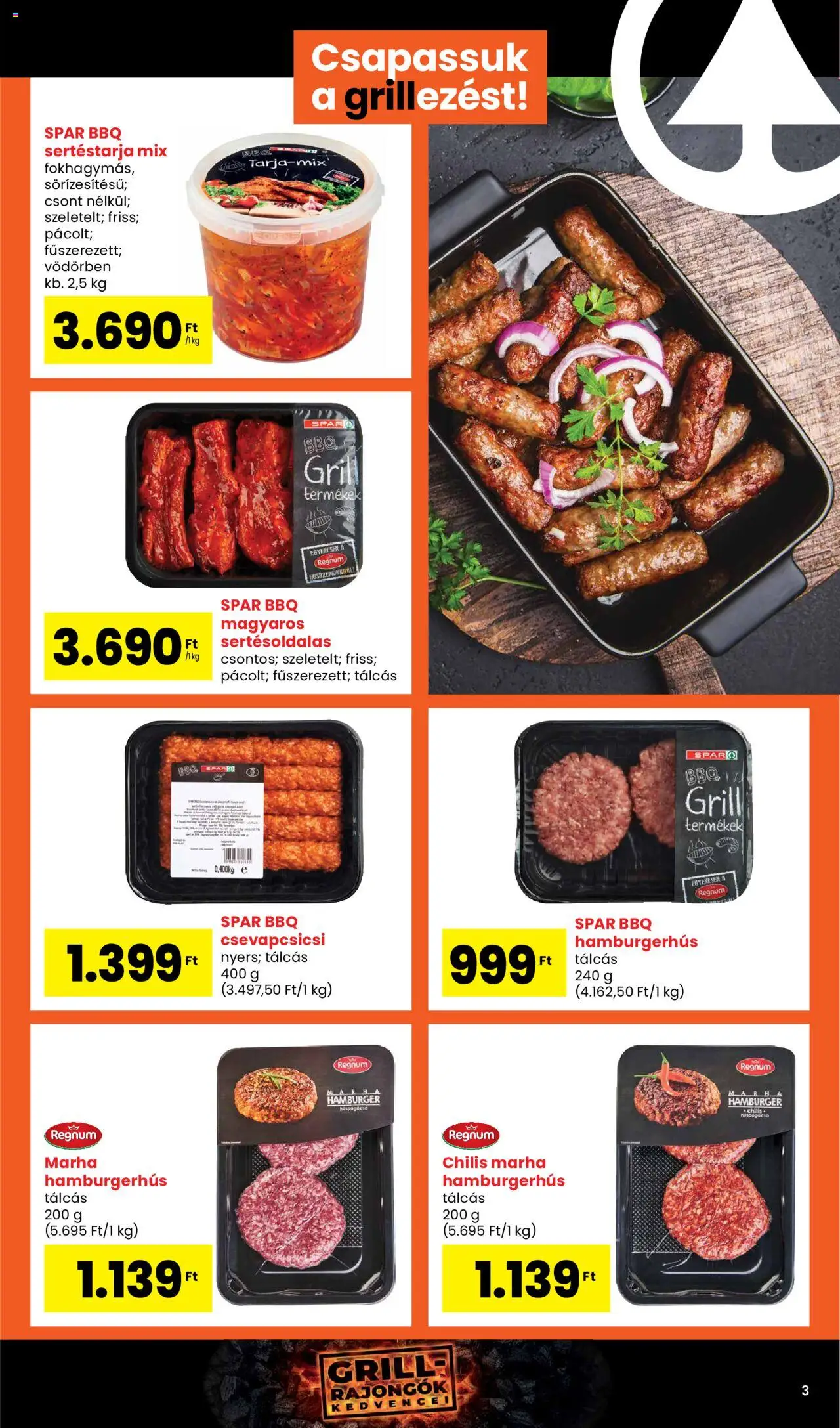 Spar akciós ujság - amely érvényes a következő dátumtól: 02.05.2025 | Oldal: 3 | Termékek: Chili, Sertéstarja, Hamburger, Grill