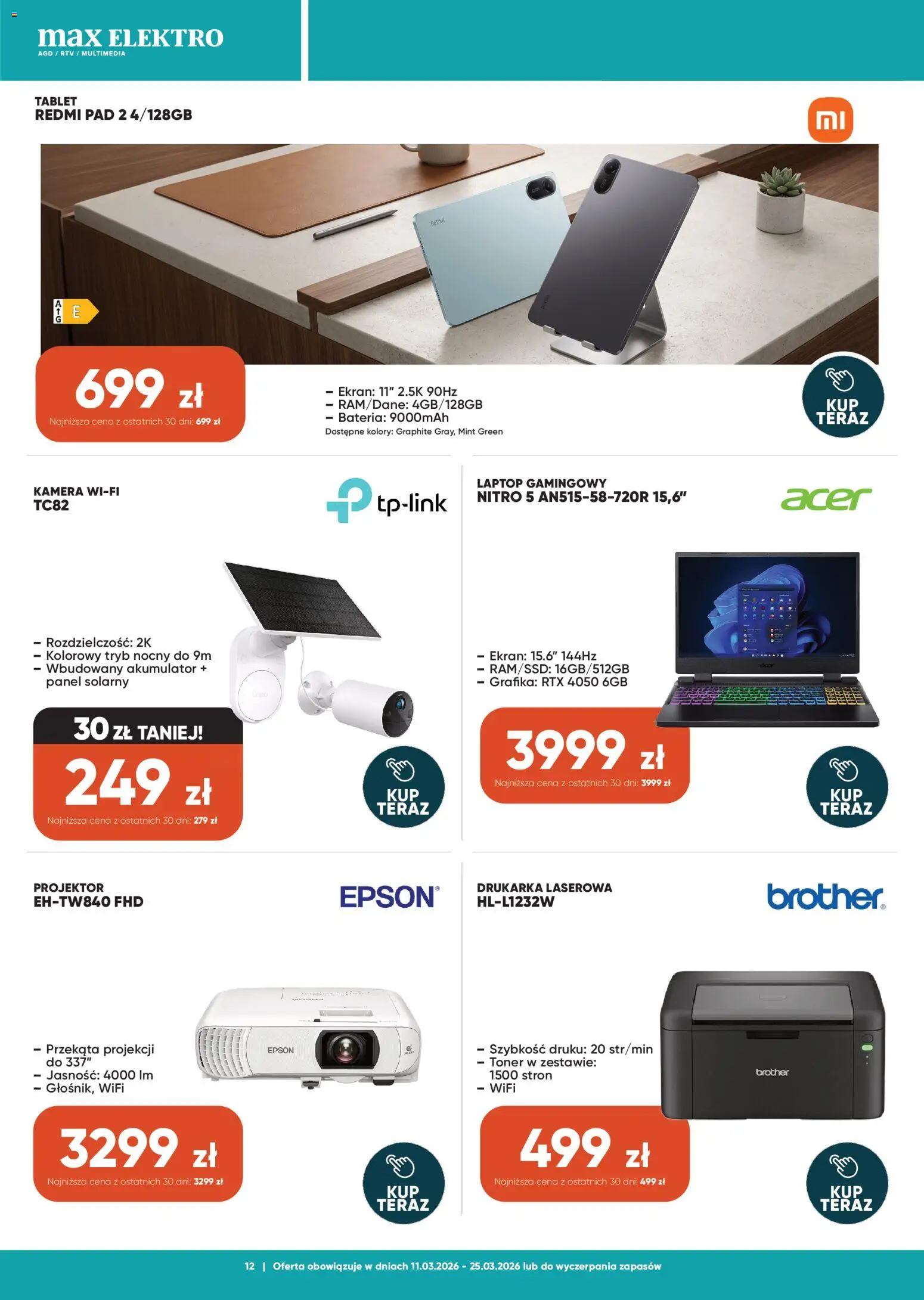 Max elektro gazetka od 11.03.2026 | Strona: 12 | Produkty: Laptop, Tablet, Drukarka, Bateria