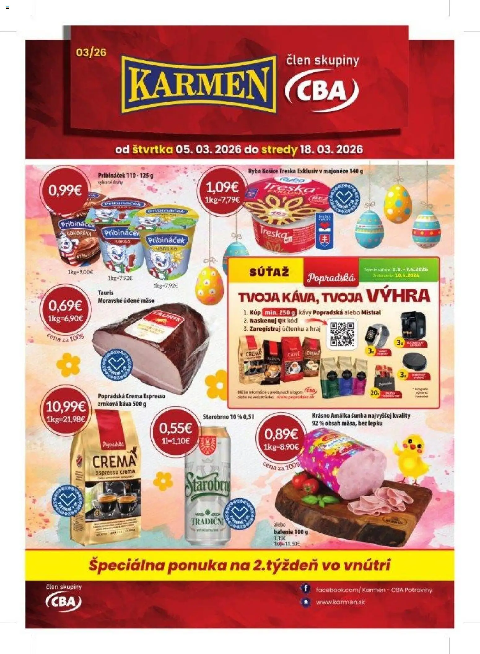 Nové KARMEN CBA akcie – leták je platný od 05.03.2026 | Strana: 1 | Produkty: Káva, Šunka, Treska, Zrnková káva