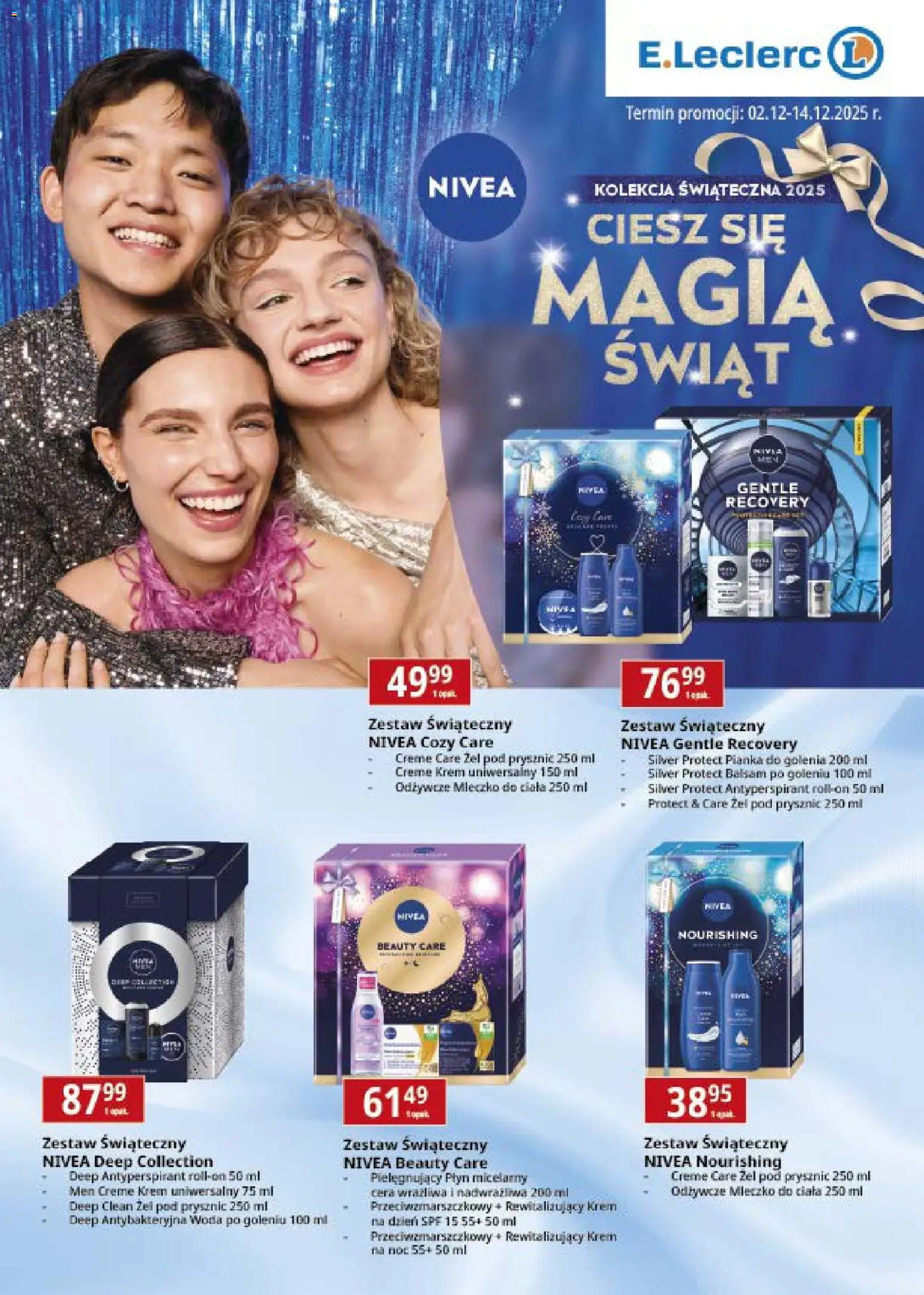 E.Leclerc Gazetka - Nivea od 02.12.2025 | Strona: 1 | Produkty: Prysznic, Pianka do golenia, Mleczko do ciała, Antyperspirant