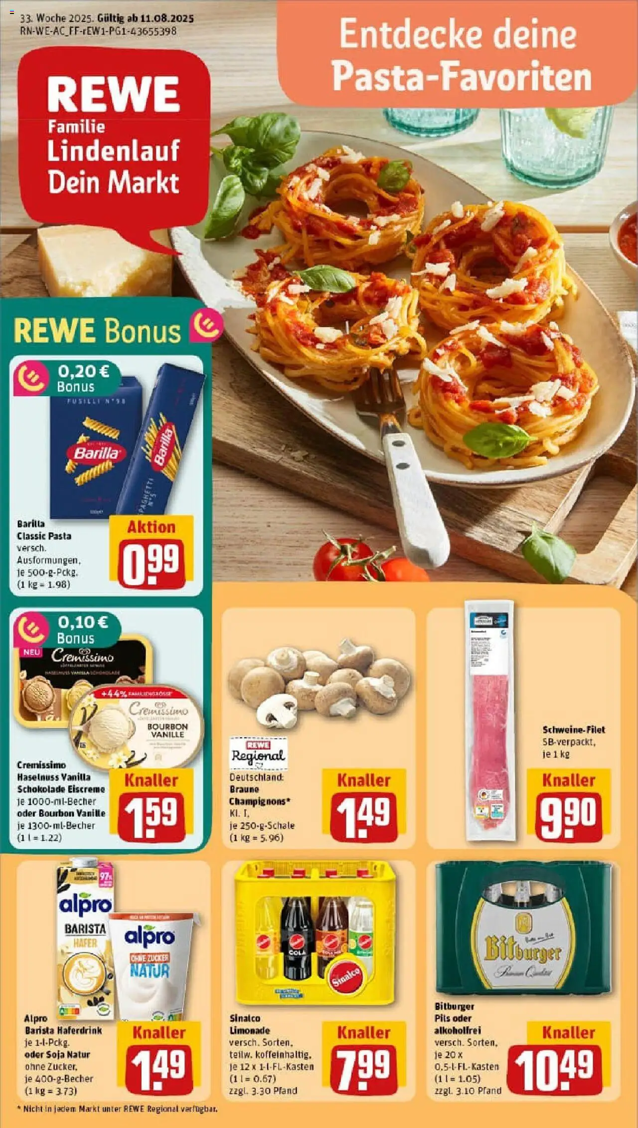 Rewe prospekt Hückelhoven / Hilfarth	 - gültig ab dem 11.08.2025 | Seite: 1 | Produkte: Barilla, Haferdrink, Pasta, Bourbon